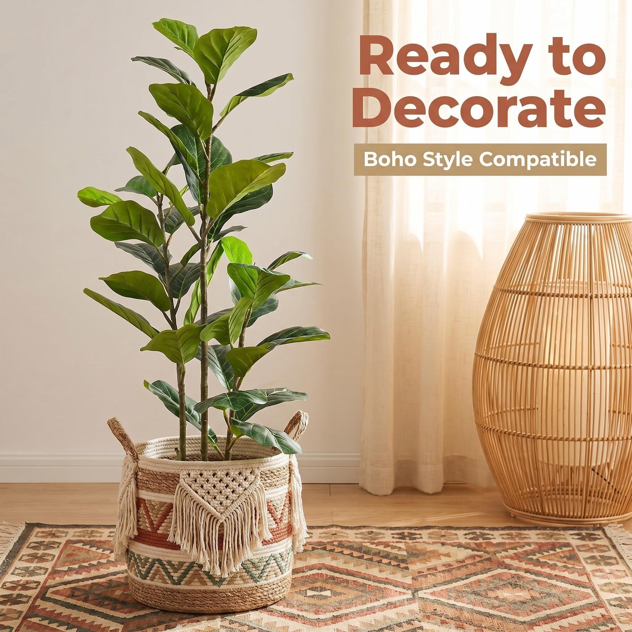 Artificial fiddle leaf fig tree in white pot by SHareconn, realistic faux plant available in 4ft, 5ft, and 6ft heights.