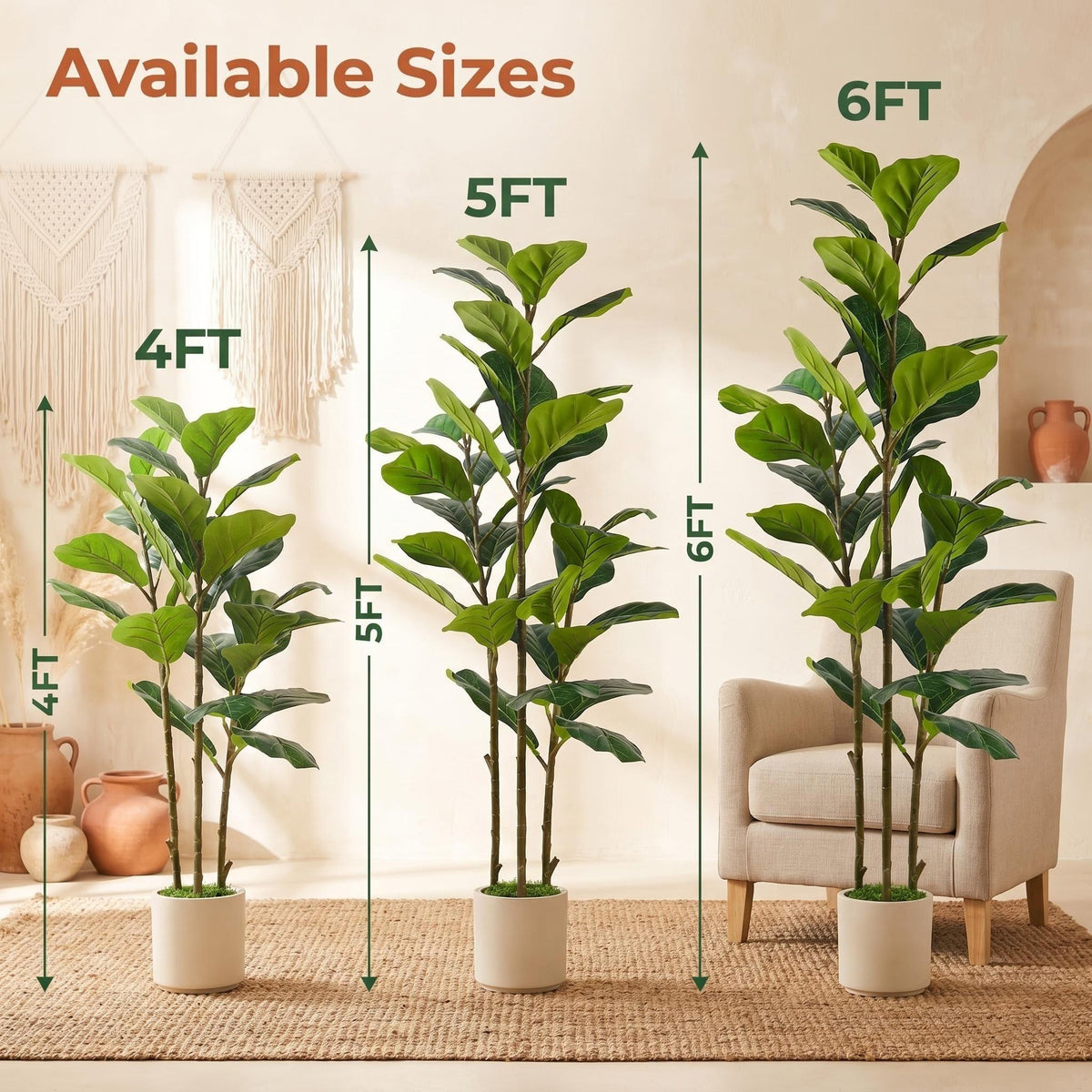 Artificial Fiddle Leaf Fig Tree by SHareconn in white pot, realistic faux plant, available in 4ft, 5ft, and 6ft heights.
