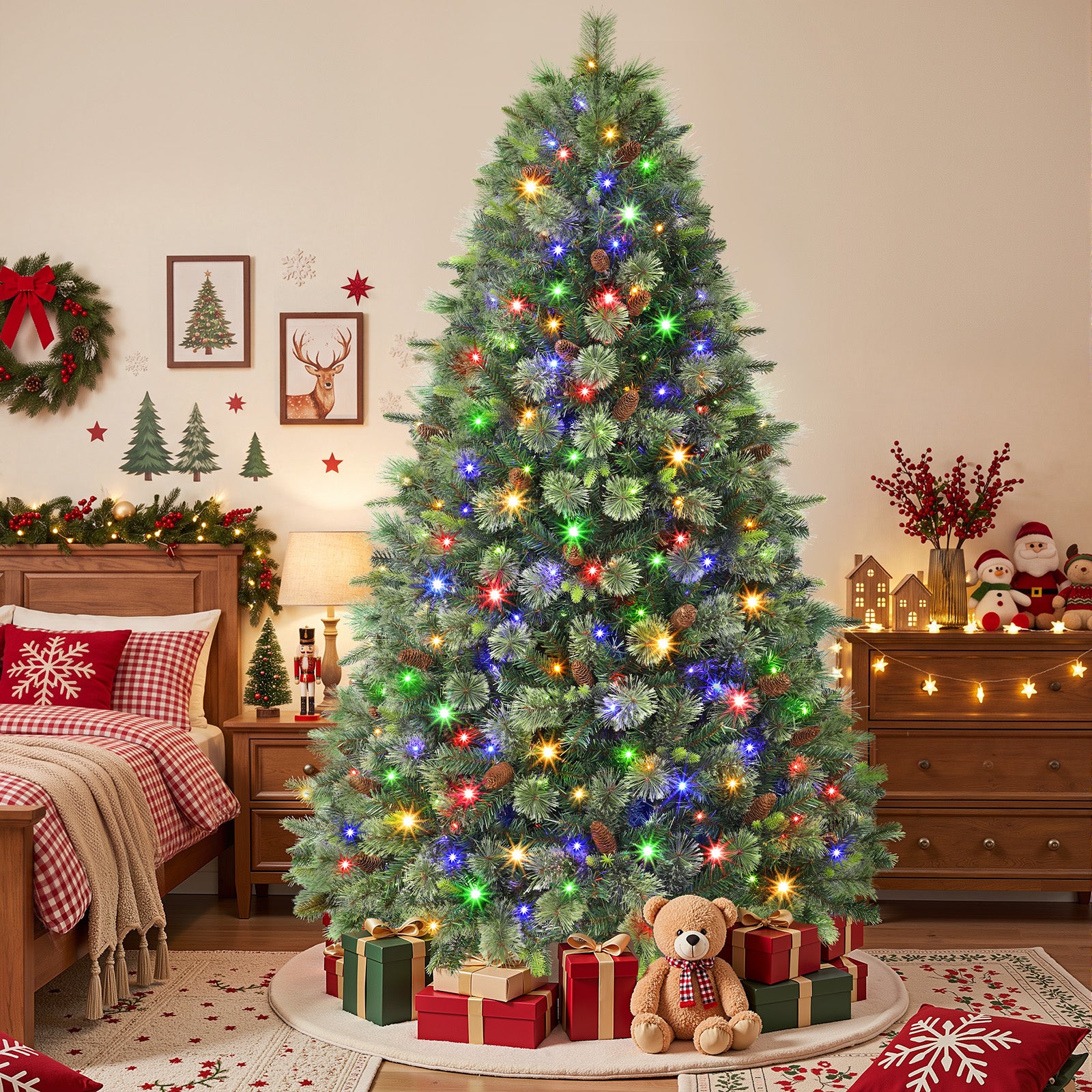 Pre-lit Carolina Pine Artificial Christmas Trees with 2 in 1 Multi-Color LED Lights and Remote