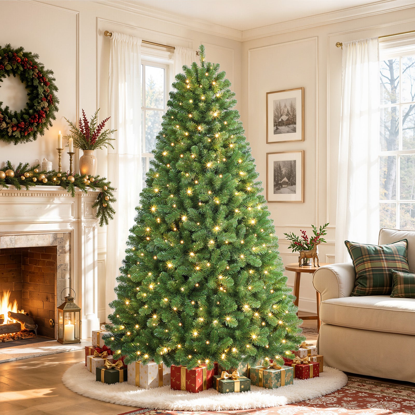 7ft Prelit 300 Warm White Lights Artificial Christmas Tree