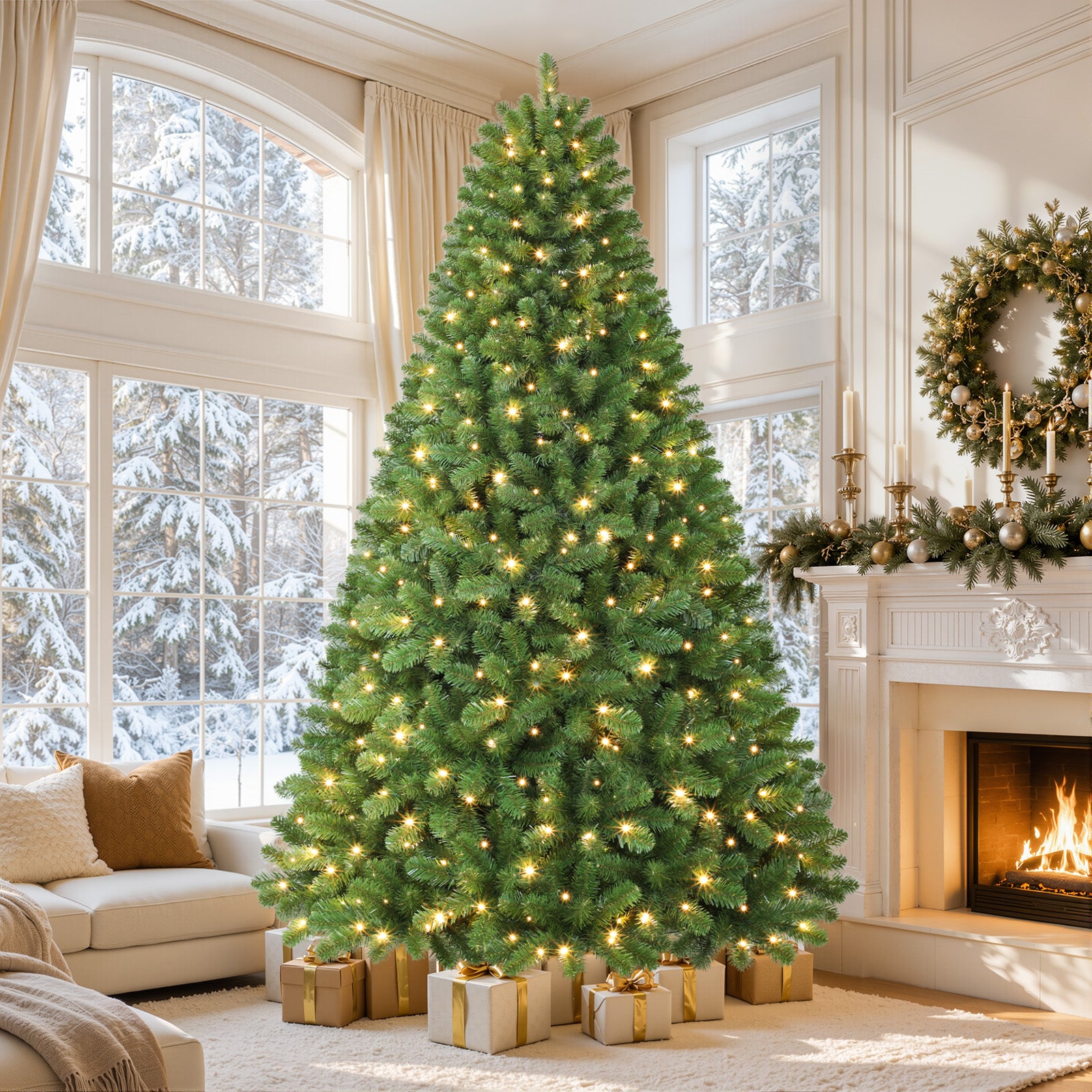 Classic Spruce Artificial Christmas Trees with Warm White Lights,4.5/5.5/6.5/7/7.5/8/9/10FT