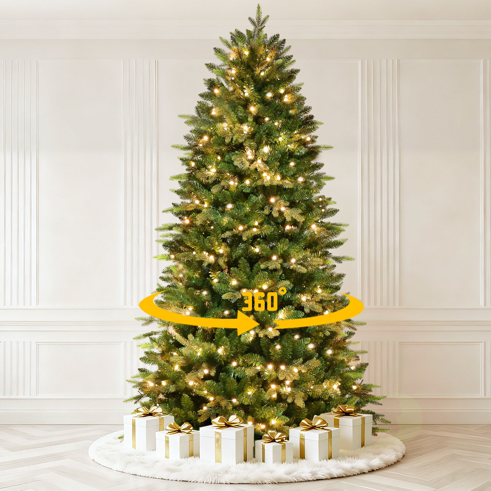 Prelit Realistic Lush Fraser Fir Artificial Christmas Tree with Twinkle Warm White Light and 360° Rotating Stand