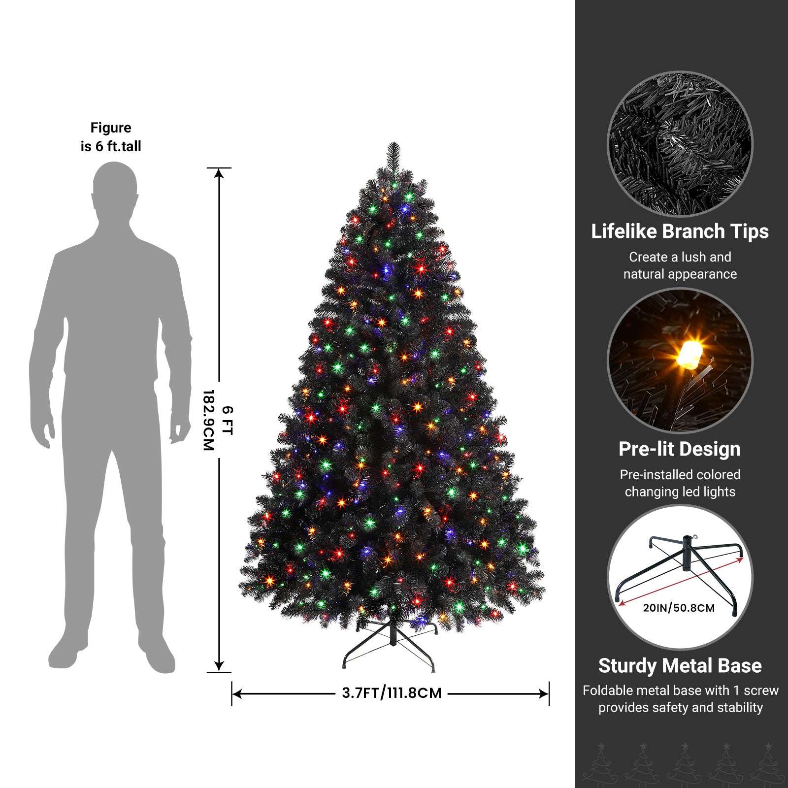 6ft Prelit Artificial Black Christmas Tree with 330 LED Color-Changing Lights and Remote - SHareconn