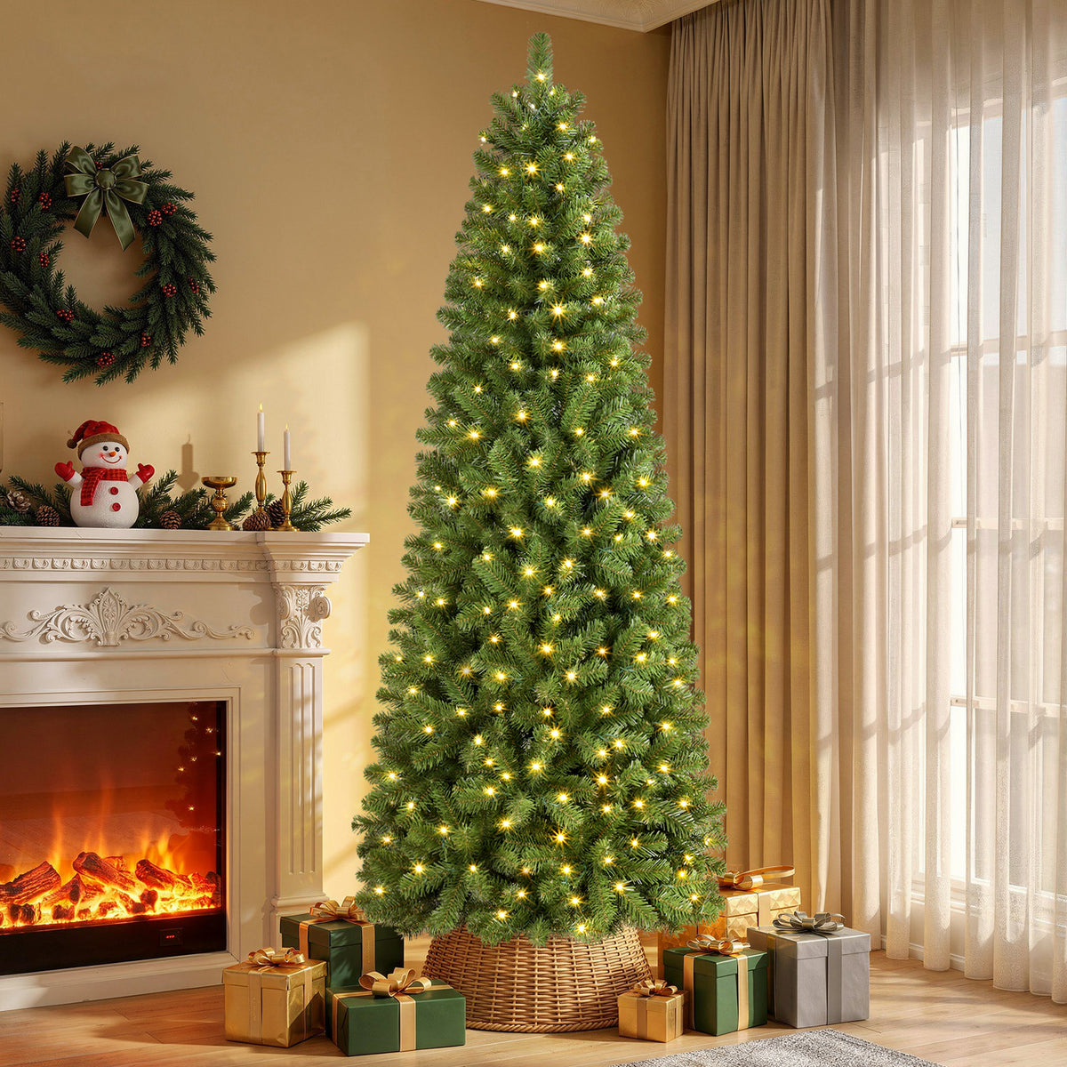 7.5ft Warm White Light Artificial Hinged Slim Pencil Prelit Christmas Tree