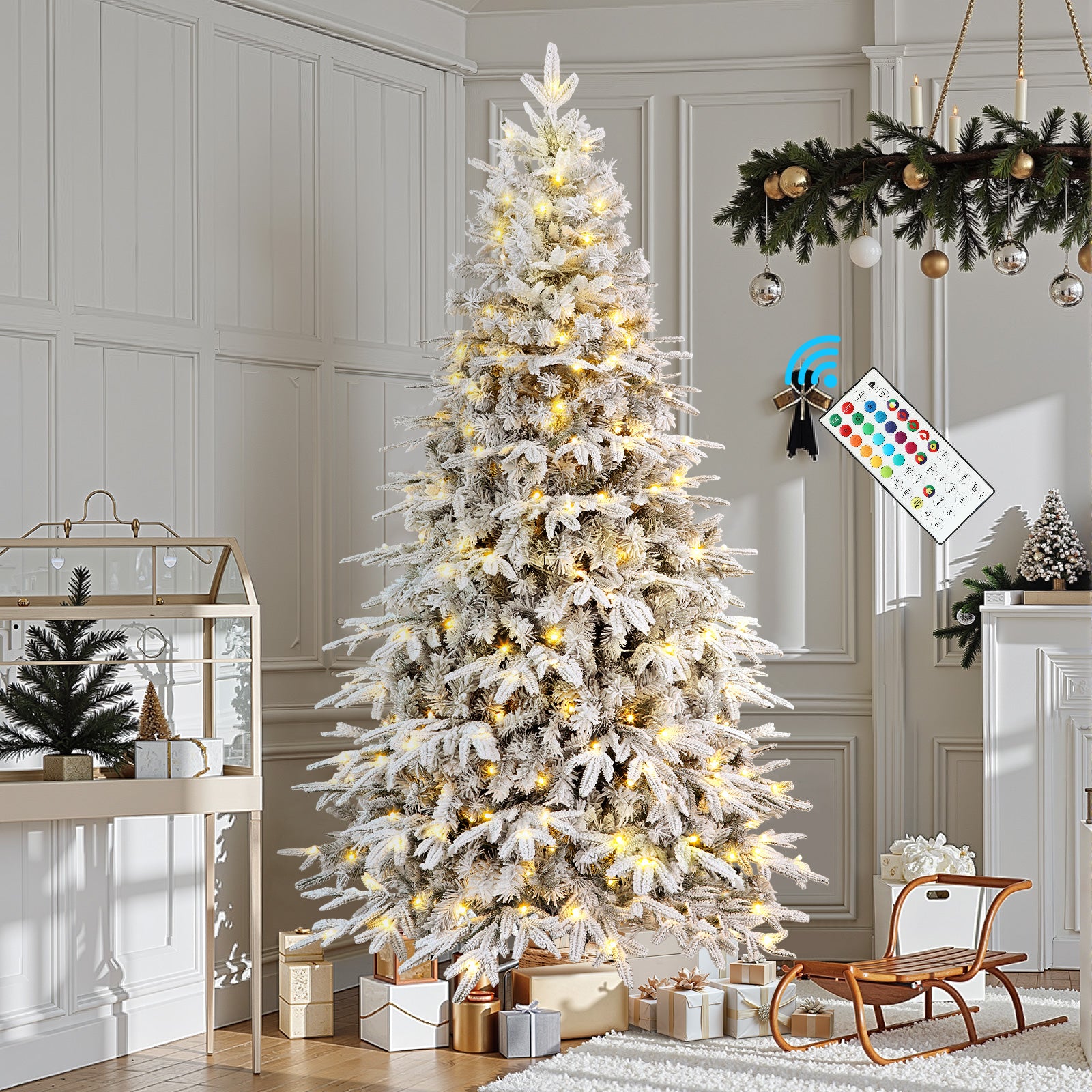 Flocked Aspen Layered Noble Fir Artificial Christmas Tree with RGB Lights-3 Size Available - SHareconn