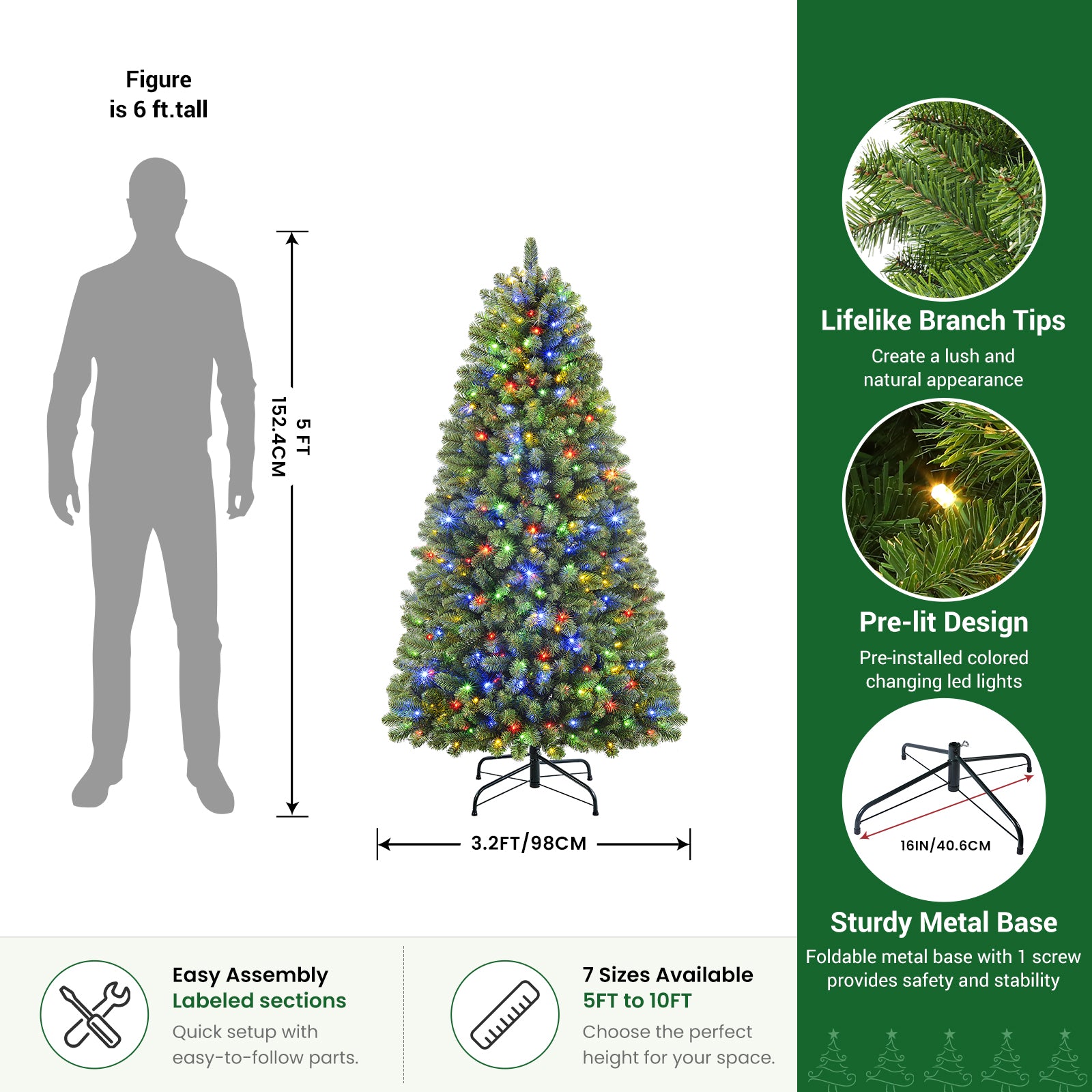 5.5ft Pre-lit Classic Spruce Artificial Christmas Tree with Multi-Color LED Lights