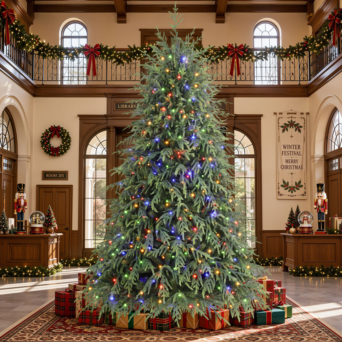 9ft Norfolk Pine Christmas Trees with 17 Modes Multi-Color Lights