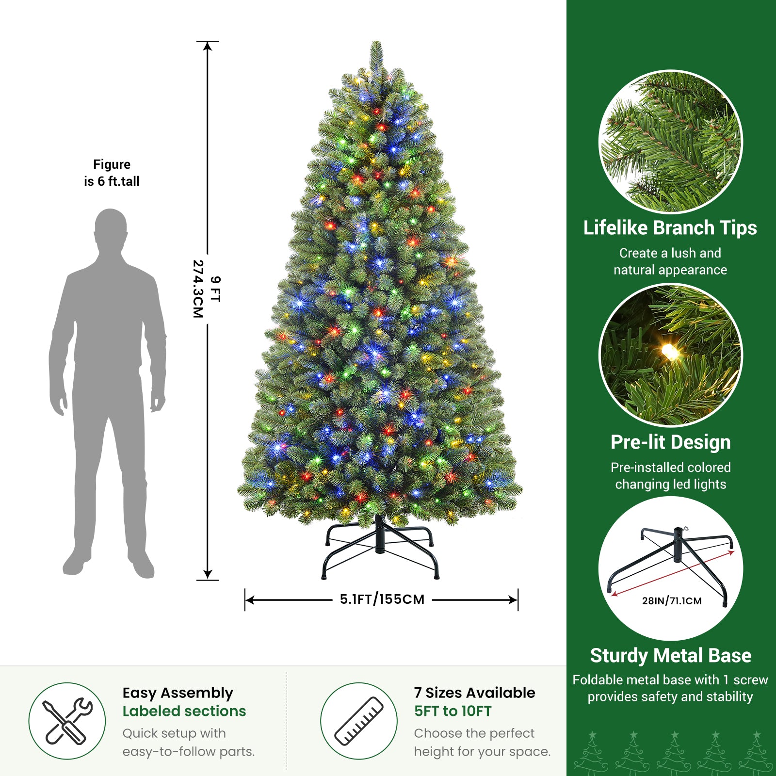 9ft Pre-lit Classic Spruce Artificial Christmas Tree with Multi-Color LED Lights