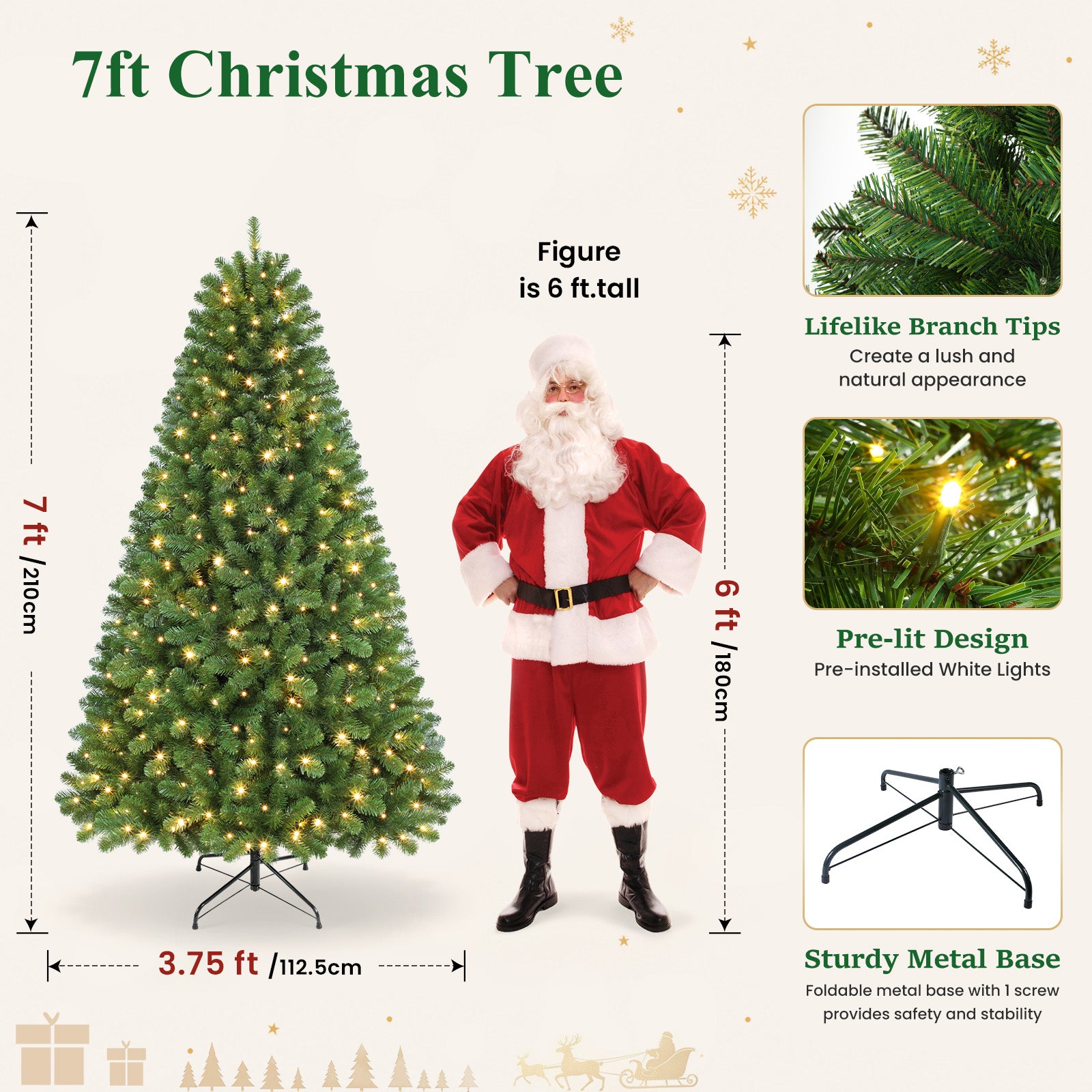 7ft Prelit 300 Warm White Lights Artificial Christmas Tree