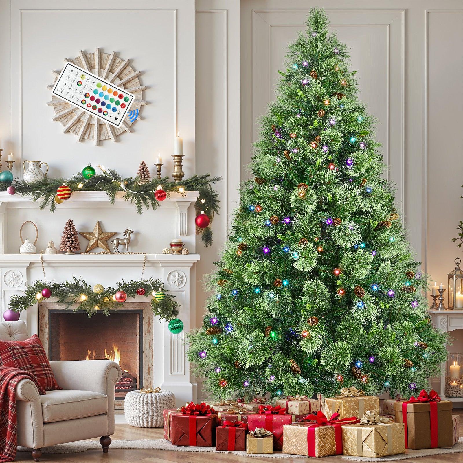 Prelit RGB Lights Carolina Pine Artificial Christmas Pine Trees with Remote - SHareconn