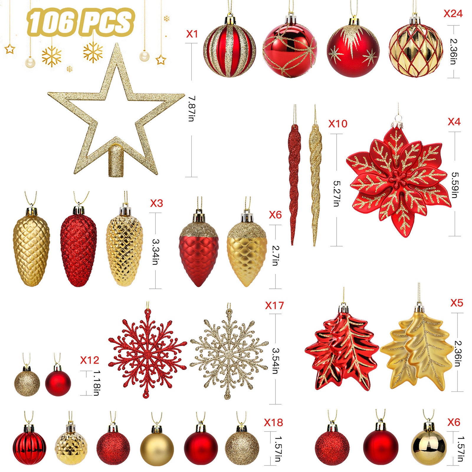 106 PCS Christmas Ball Ornaments Set Red & Gold