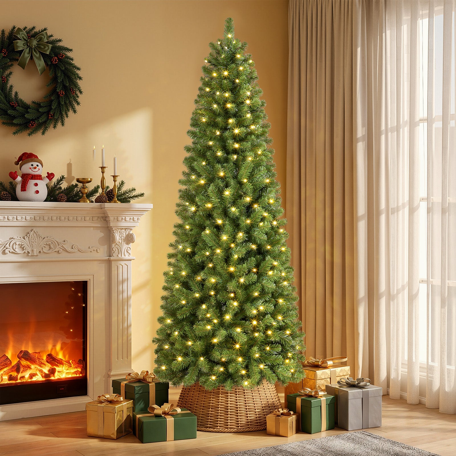 Warm White Lights Classic Spruce Artificial Slim Pencil Christmas Trees