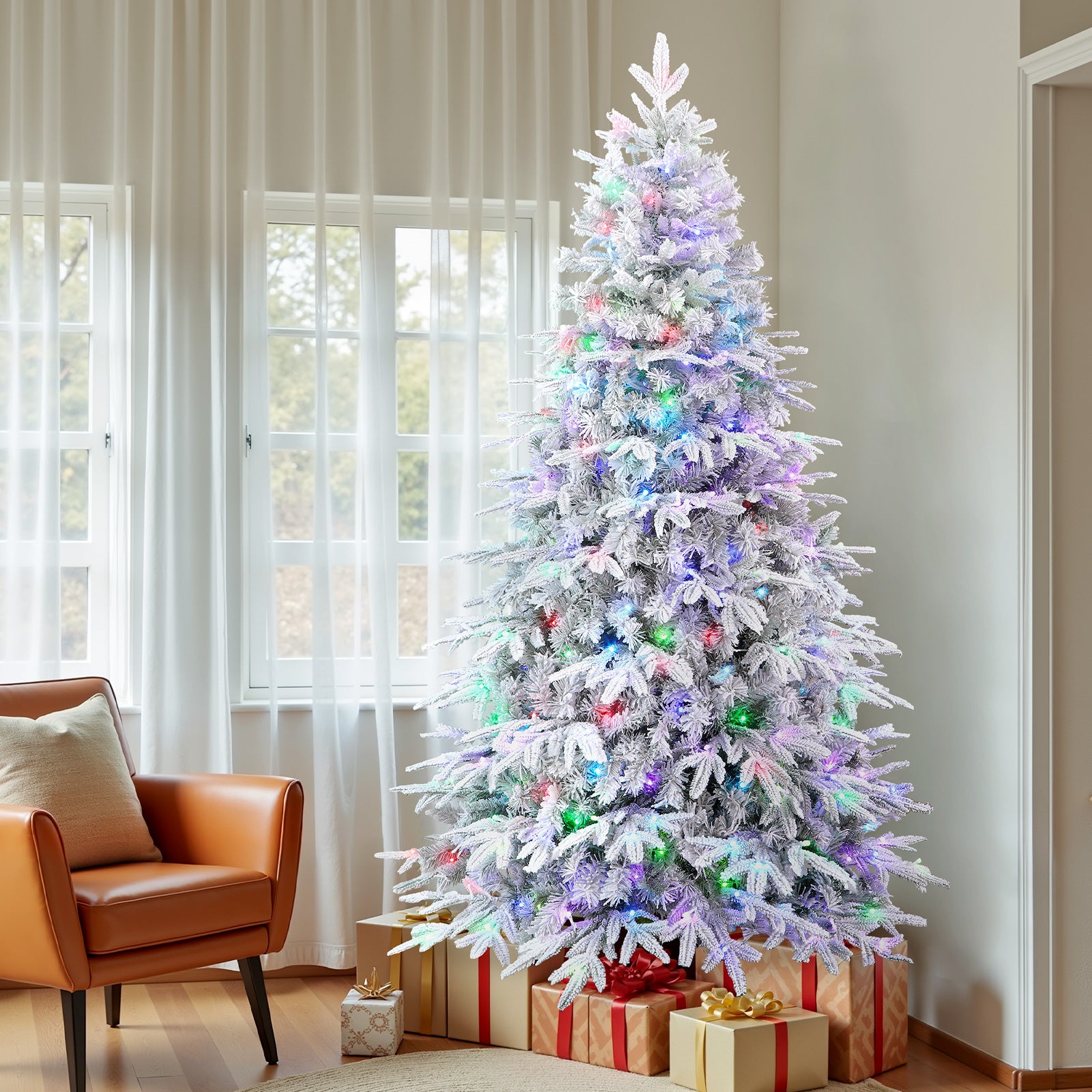 Flocked Aspen Layered Noble Fir Artificial Christmas Tree with RGB Lights-3 Size Available - SHareconn