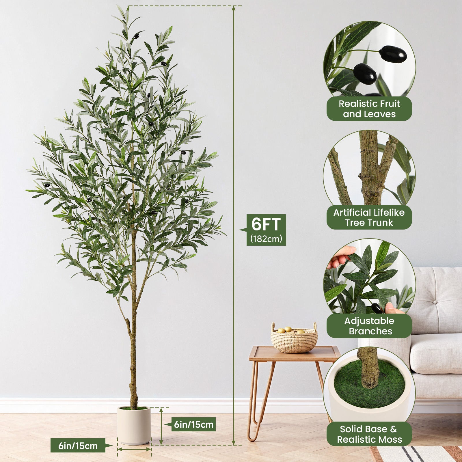 6FT Artificial Olive Trees with White Planter - SHareconn