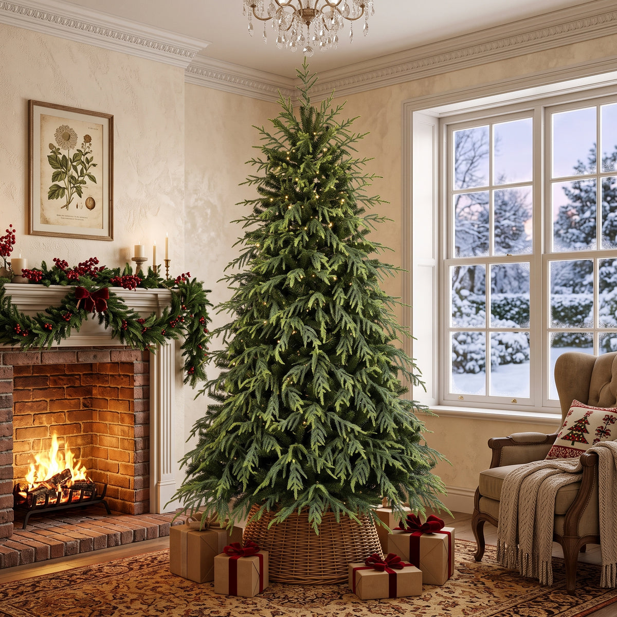 Artificial Christmas tree by SHareconn, Pre-Lit Norfolk Pine with multi-color LED lights, 5-9 feet tall, lush green branches.
