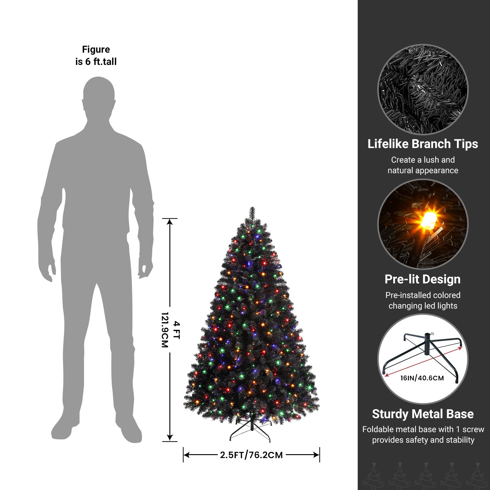6ft Prelit Artificial Black Christmas Tree with 330 LED Color-Changing Lights and Remote - SHareconn