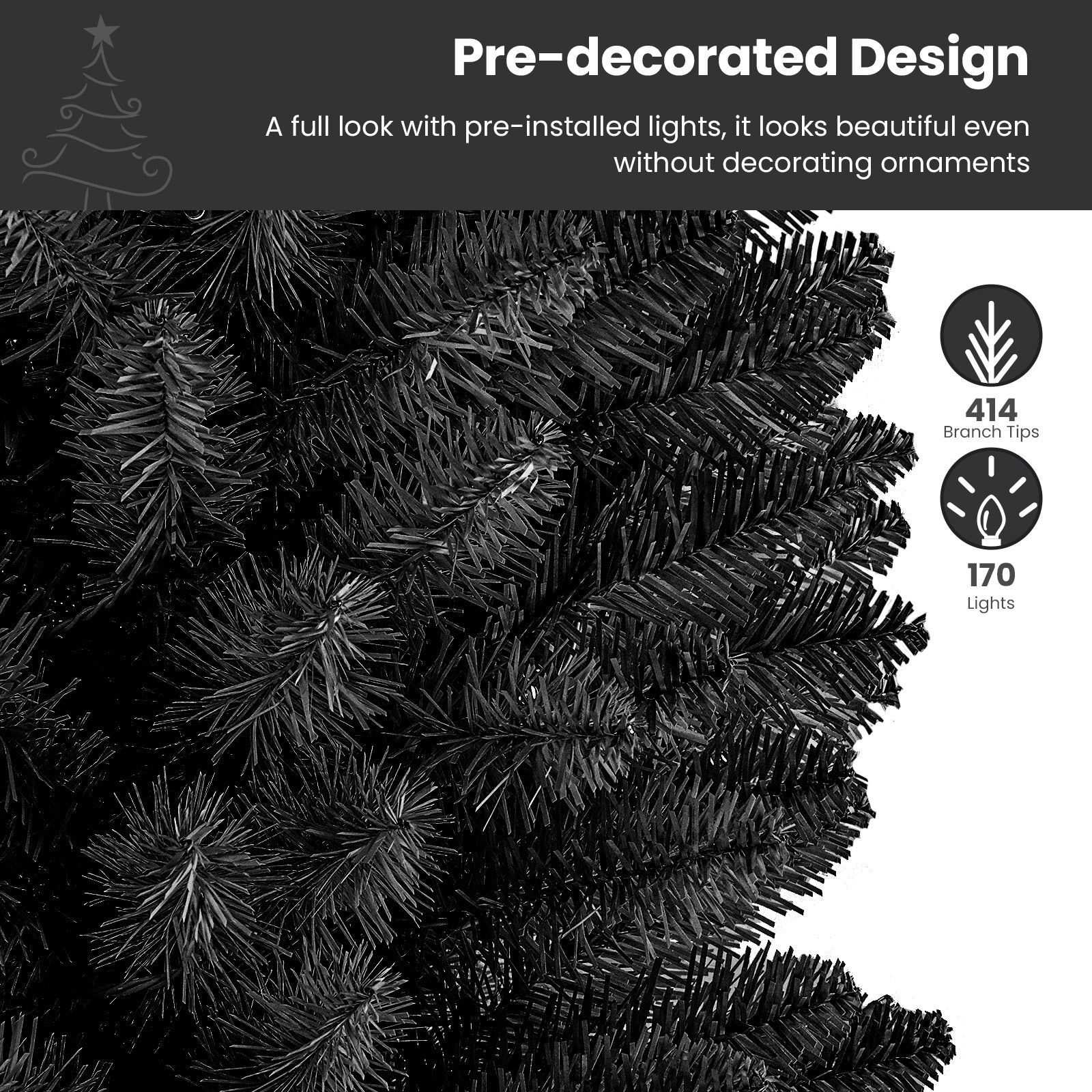 6ft Prelit Artificial Black Christmas Tree with 330 LED Color-Changing Lights and Remote - SHareconn