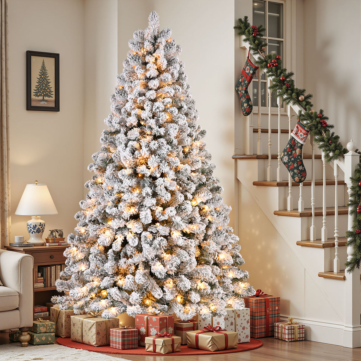 7.5ft SHareconn artificial Christmas tree with snow flocking, hinged design, 350 warm white lights, white color, holiday decor.
