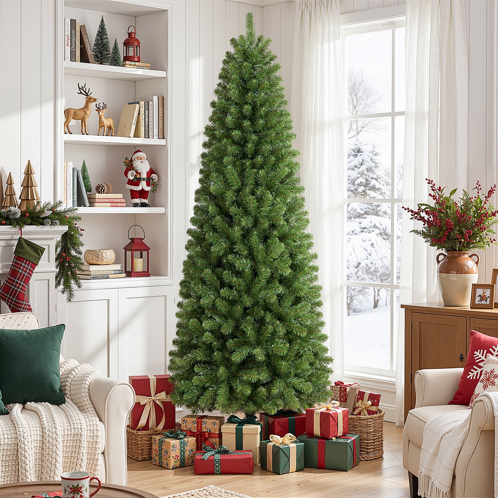 9ft Prelit Pencil Warm White & Multi-Color Lights Premium Artificial Hinged Christmas Tree with Remote Control