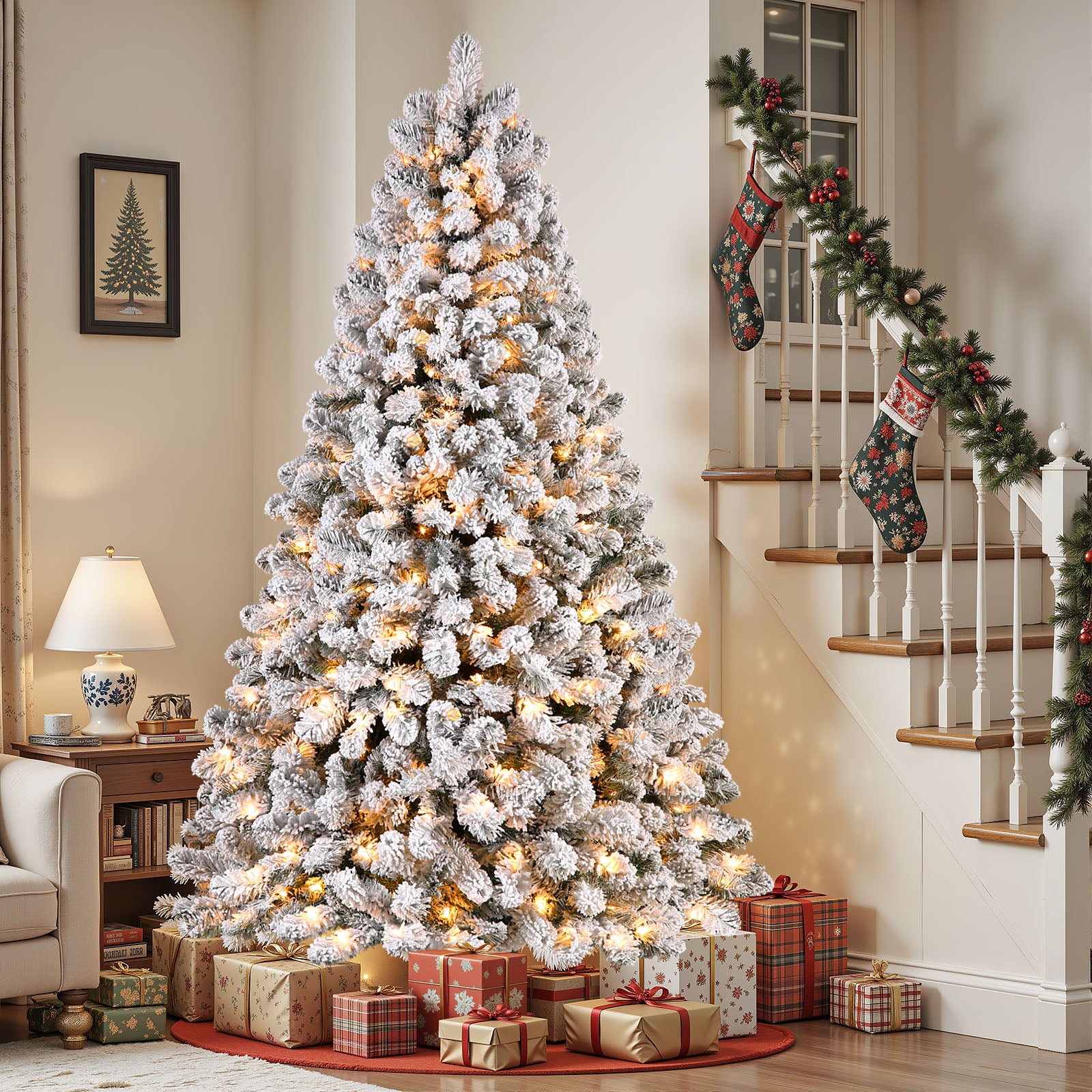 Pre-lit White Flocked Spruce Artificial Christmas Trees with Warm White Lights - SHareconn