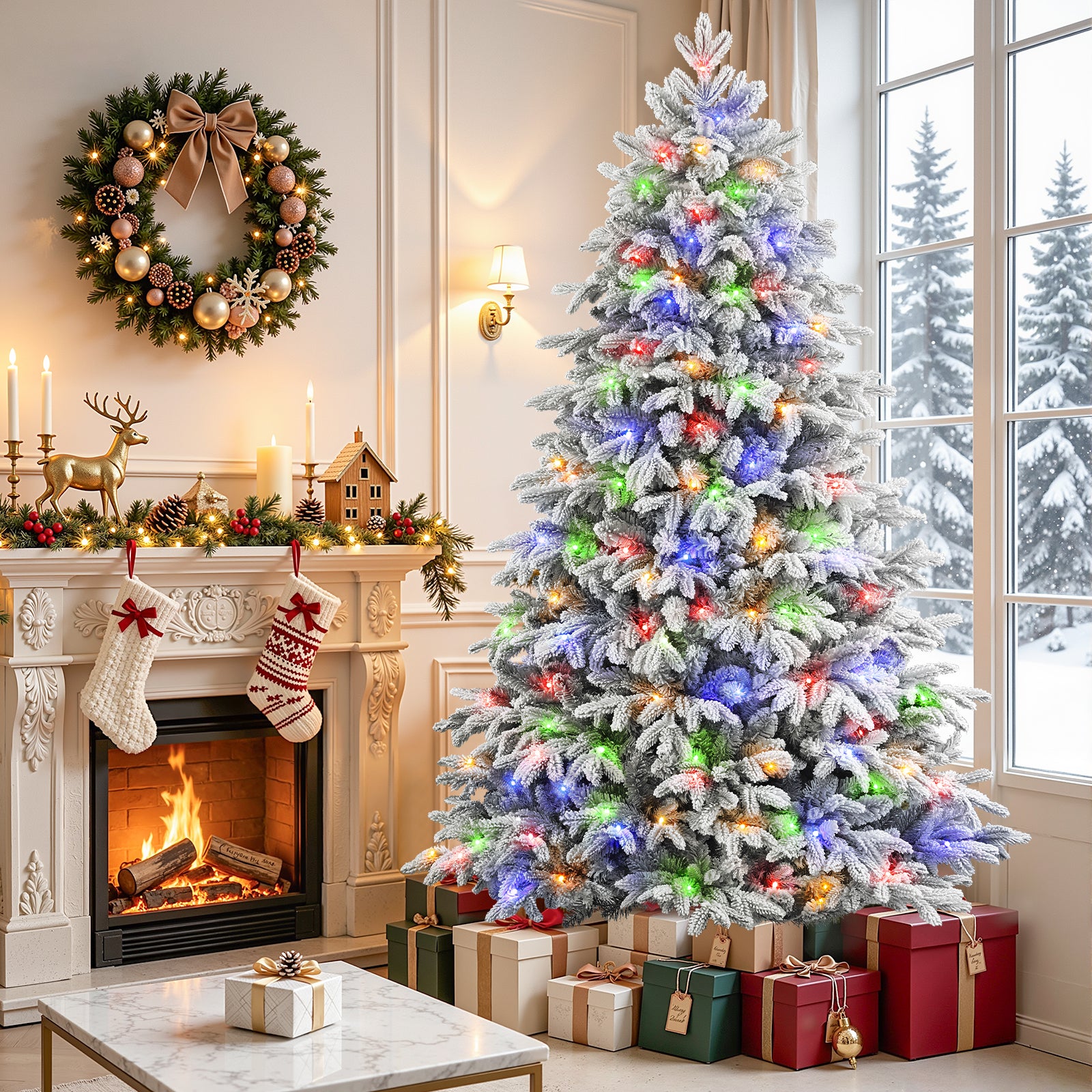 Realistic Pre-Lit Flocked Cedar Artificial Christmas Trees with 17 Modes Multi-Color Lights,5.5-7.5FT