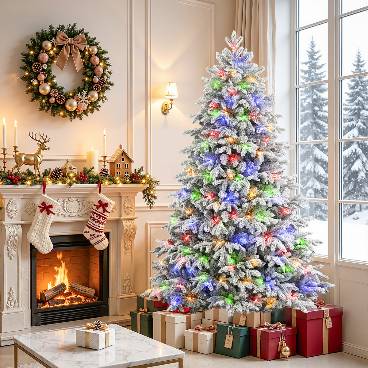 Realistic Pre-Lit Flocked Cedar Artificial Christmas Trees with 17 Modes Multi-Color Lights,5.5-7.5FT