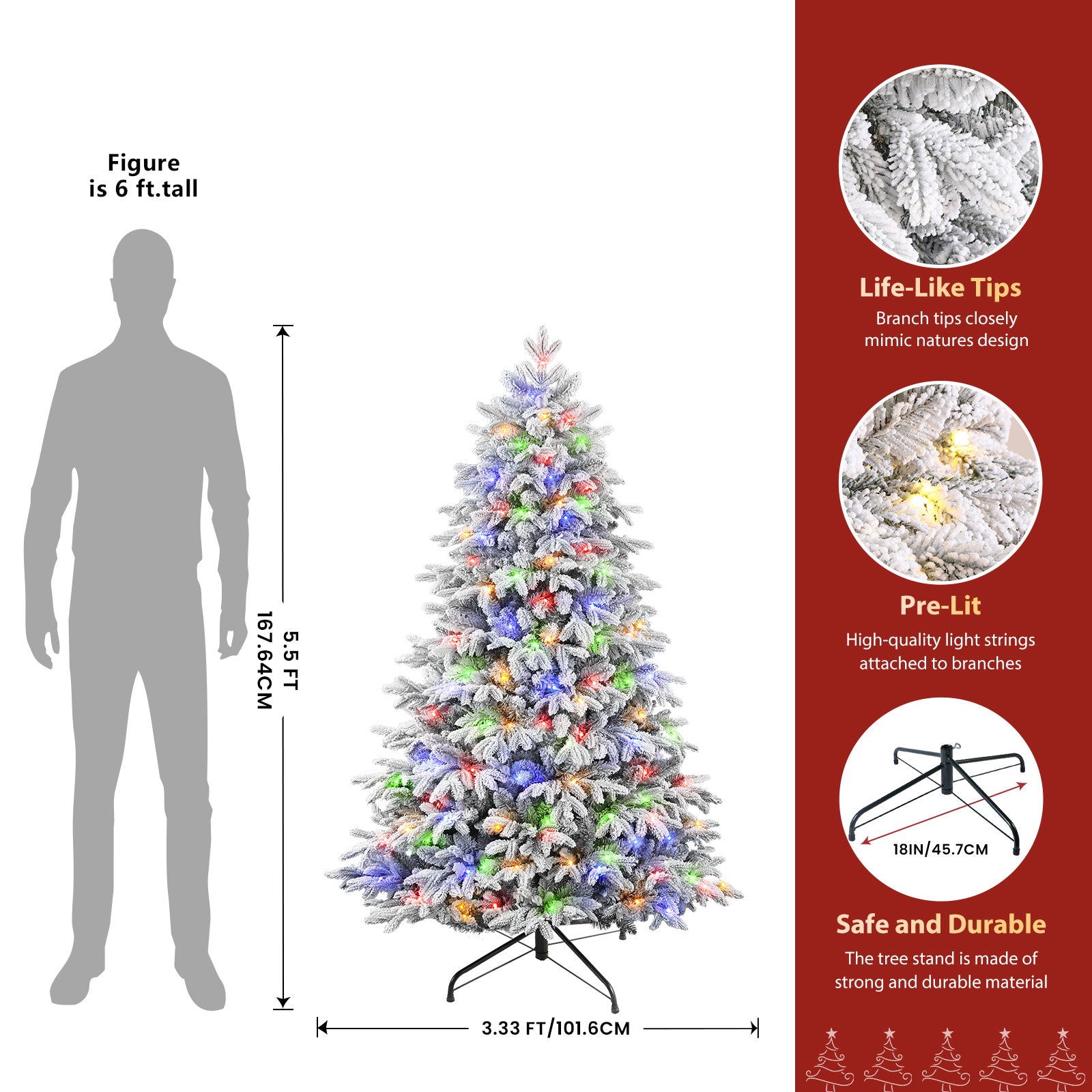 5.5FT Realistic Pre-Lit Flocked Cedar Artificial Christmas Trees with 17 Modes Multi-Color Lights