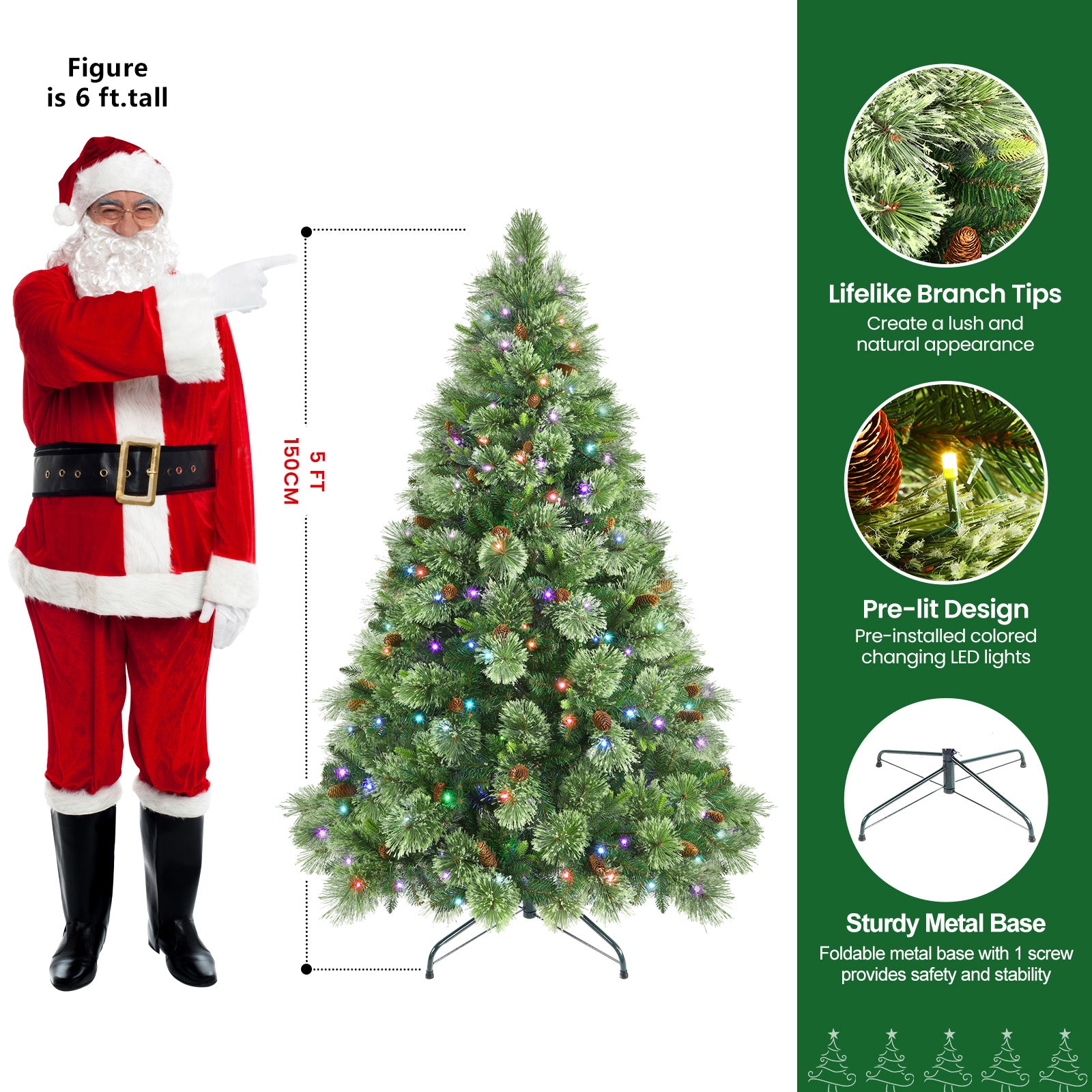 5ft Prelit RGB Lights Carolina Pine Artificial Christmas Pine Trees with Remote - SHareconn