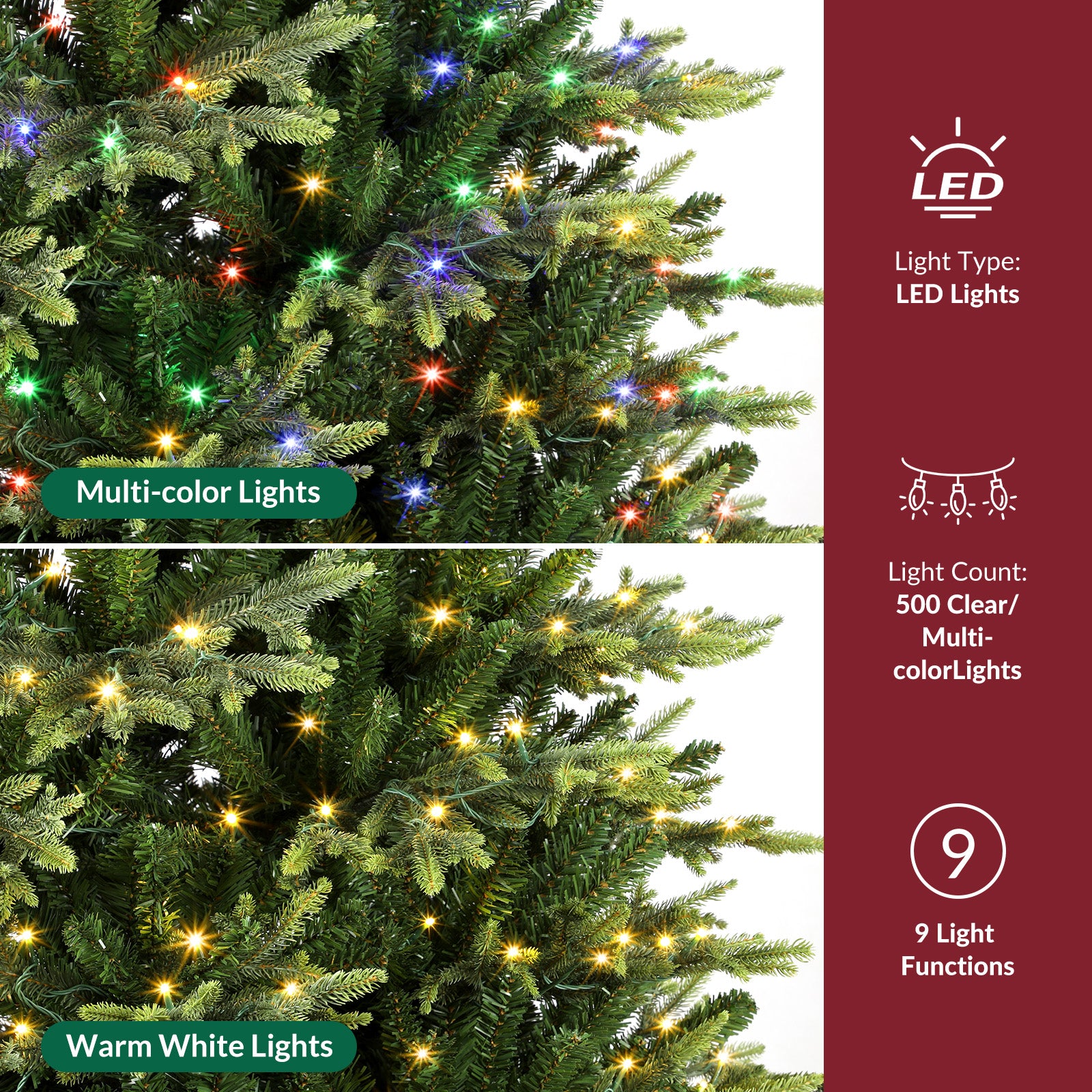 Artificial Balsam Fir Christmas Tree by SHareconn, 7.5 feet tall with dual color LED lights and lifelike PE needles.