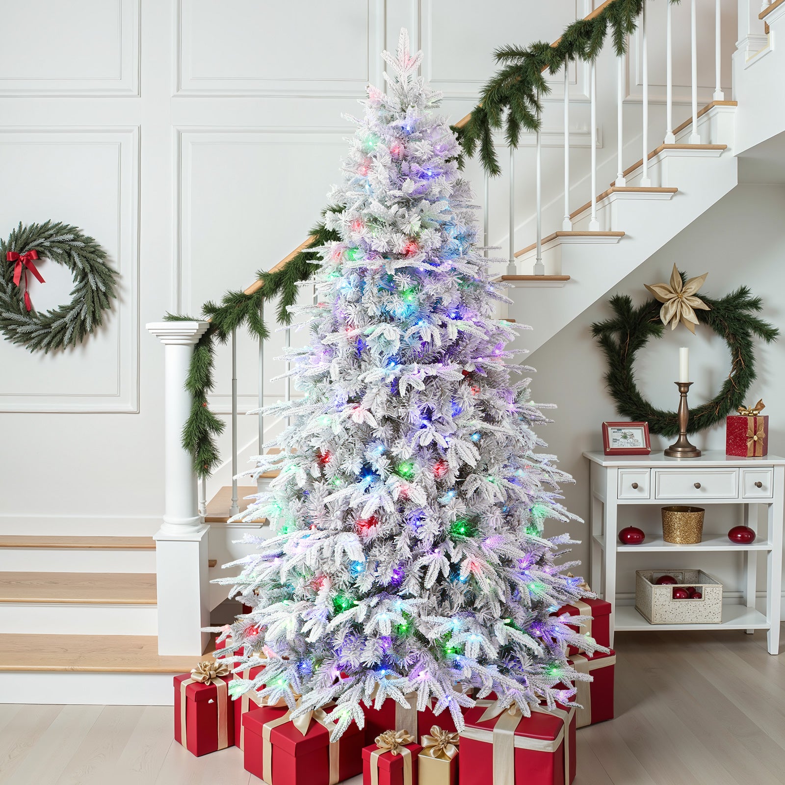 Flocked Aspen Layered Noble Fir Artificial Christmas Tree with RGB Lights-3 Size Available - SHareconn