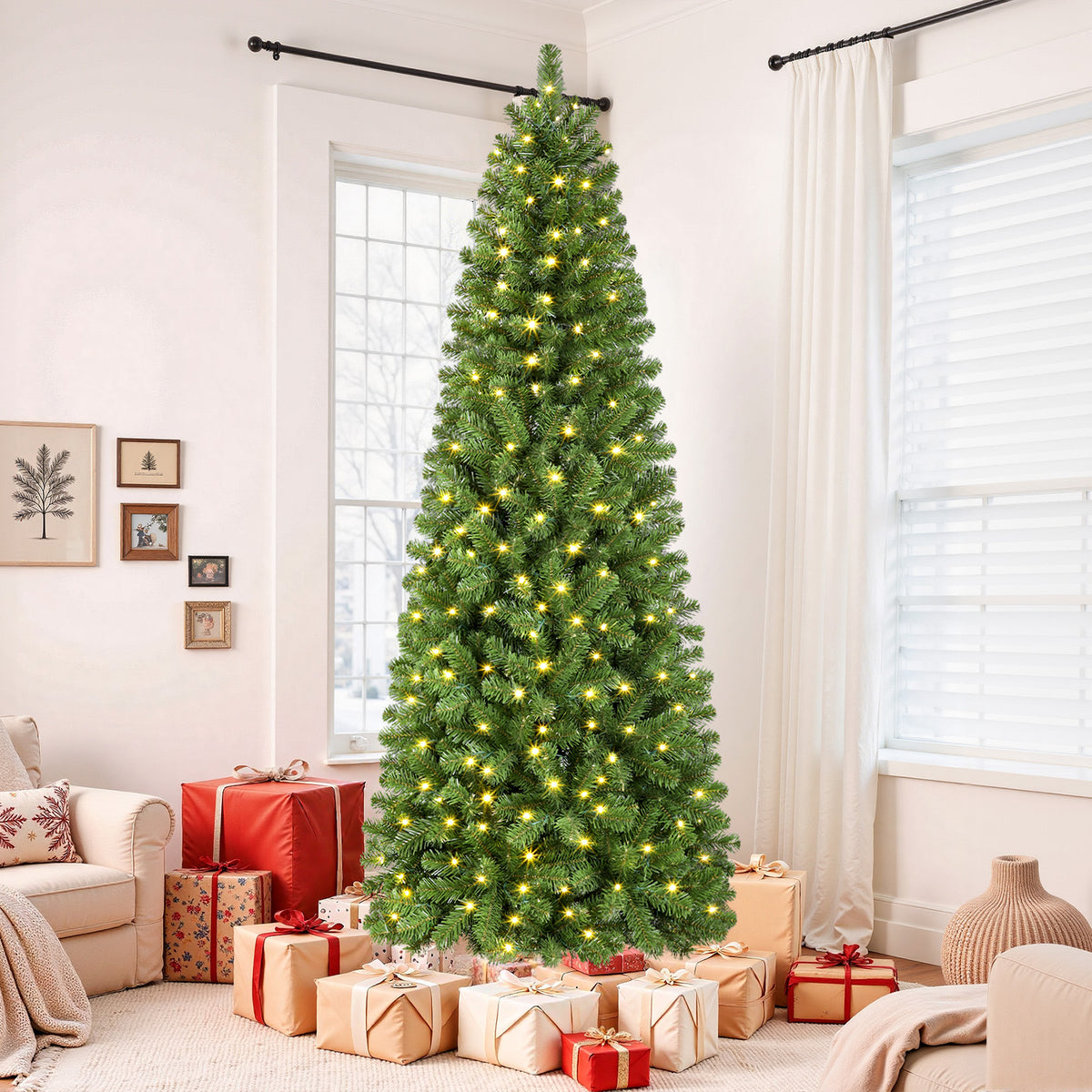 7.5ft Warm White Light Artificial Hinged Slim Pencil Prelit Christmas Tree