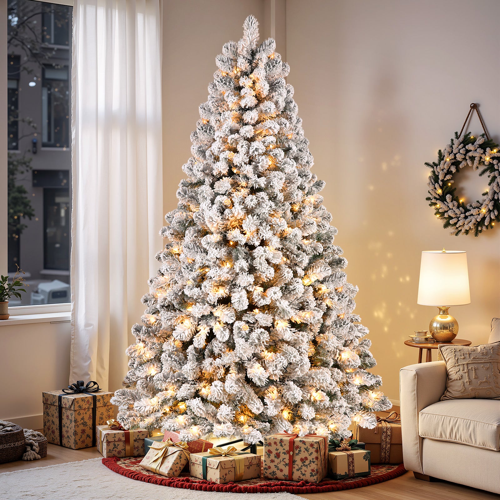7.5ft Pre-lit Snow Flocked Artificial Hinged Christmas Trees with 350 Warm White Lights -White - SHareconn