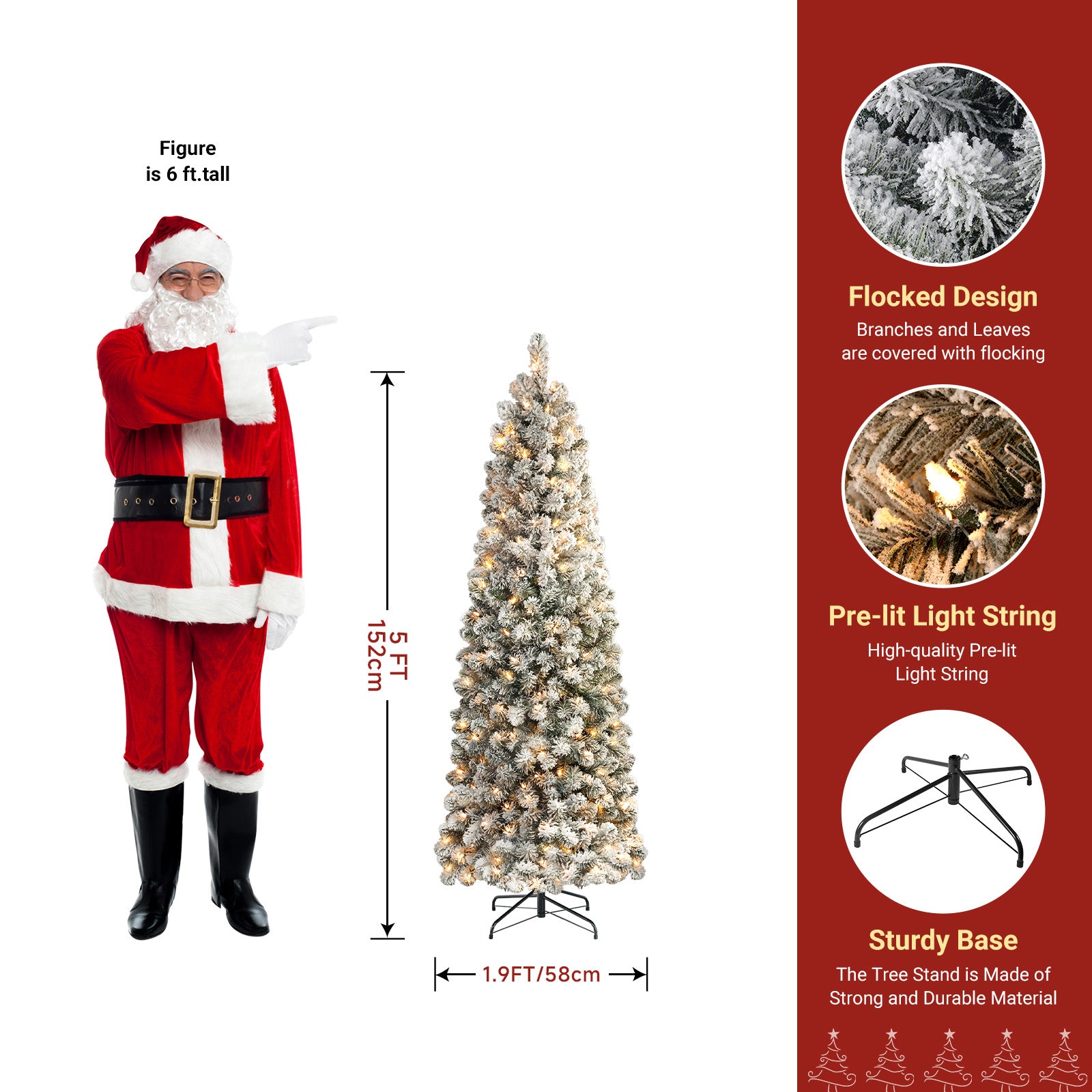 Flocked Spruce Warm White Lights Pencil Artificial Christmas Trees | 5 Sizes Available - SHareconn