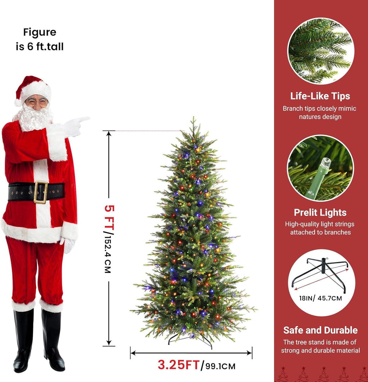 5ft Aspen Slim Noble Fir Christmas tree with colorful multi-color lights, showcasing a slim profile and lush green branches.