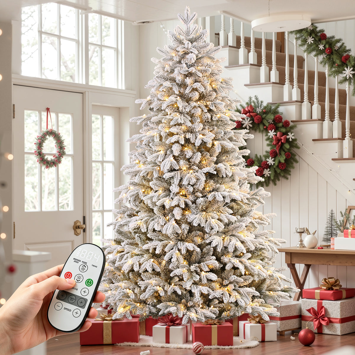 7.5FT Realistic Pre-Lit Flocked Cedar Artificial Christmas Trees with 17 Modes Multi-Color Lights