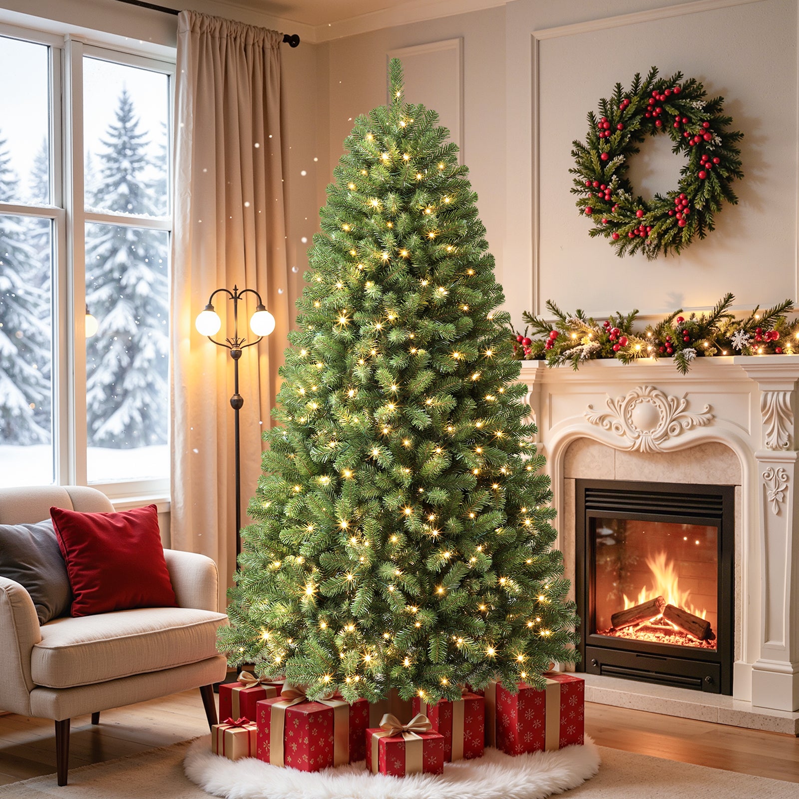 7ft Pre-lit Classic Spruce Artificial Christmas Tree with Multi-Color LED Lights