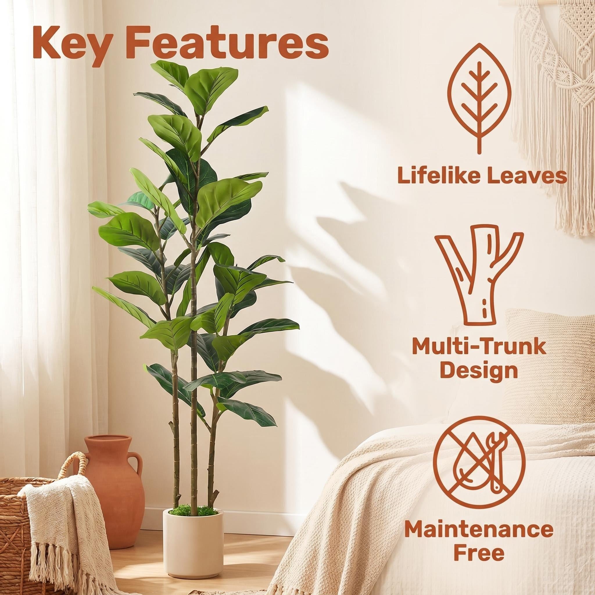 Artificial Fiddle Leaf Fig Tree by SHareconn in white pot, realistic faux plant available in 4ft, 5ft, and 6ft heights.