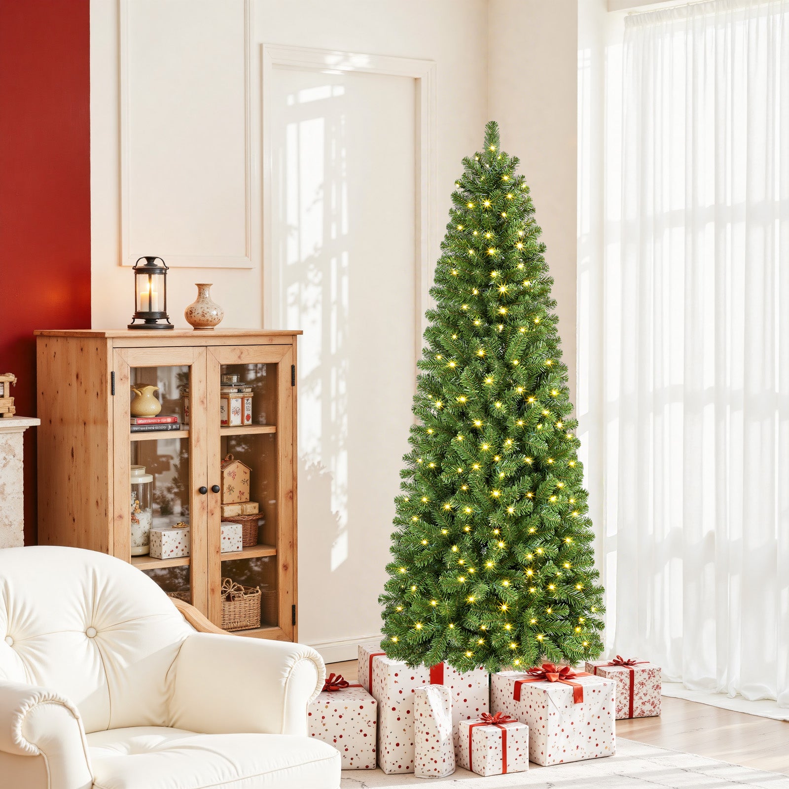 5ft Warm White Light Artificial Hinged Slim Pencil Prelit Christmas Tree