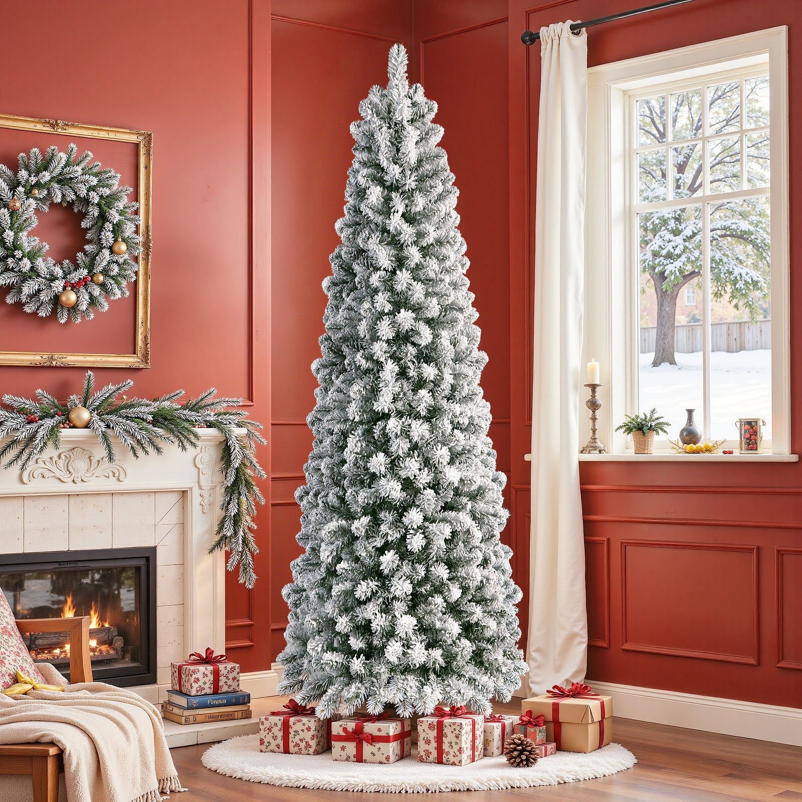 Flocked Spruce Warm White Lights Pencil Artificial Christmas Trees | 5 Sizes Available - SHareconn