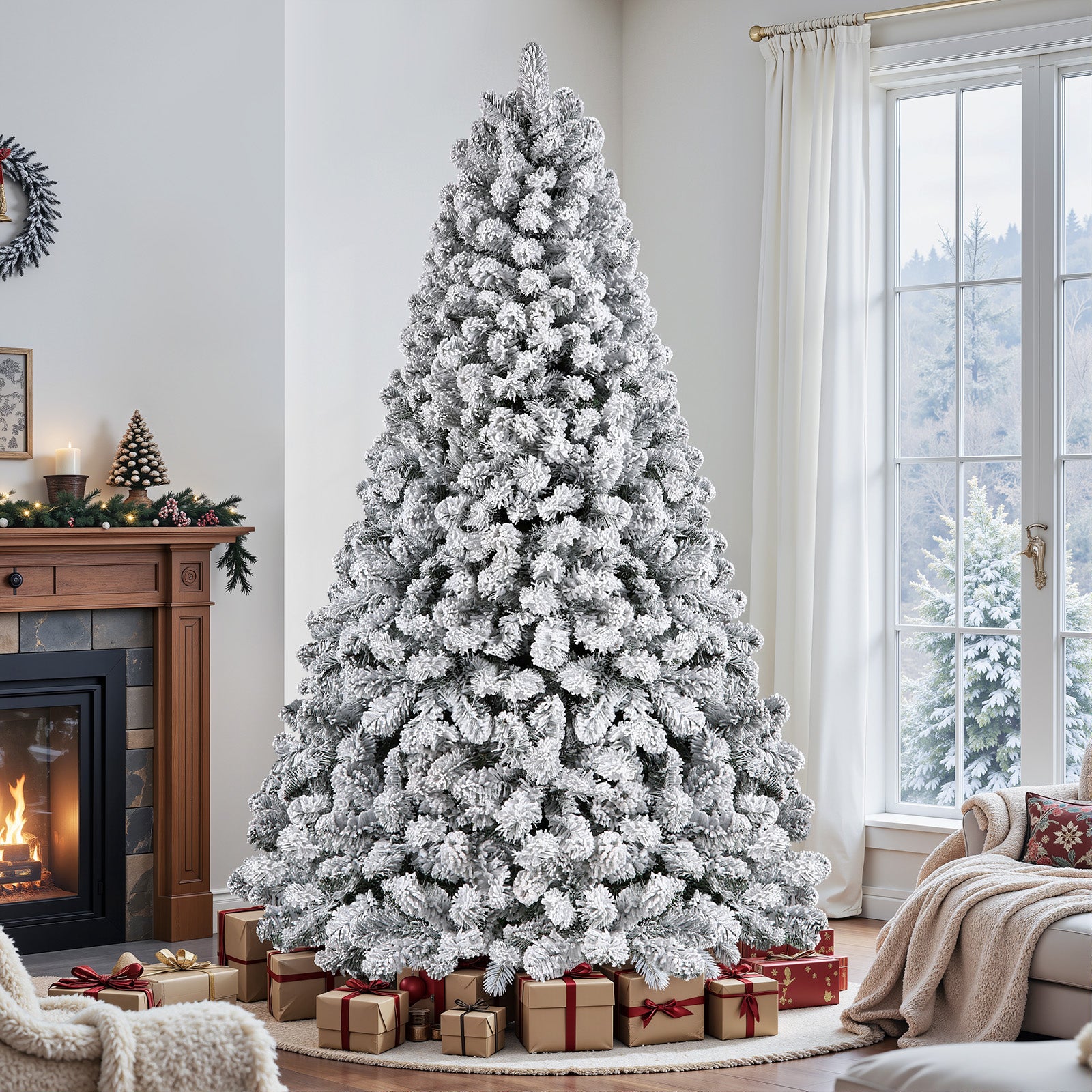 7.5ft Pre-lit Snow Flocked Artificial Hinged Christmas Trees with 350 Warm White Lights -White - SHareconn