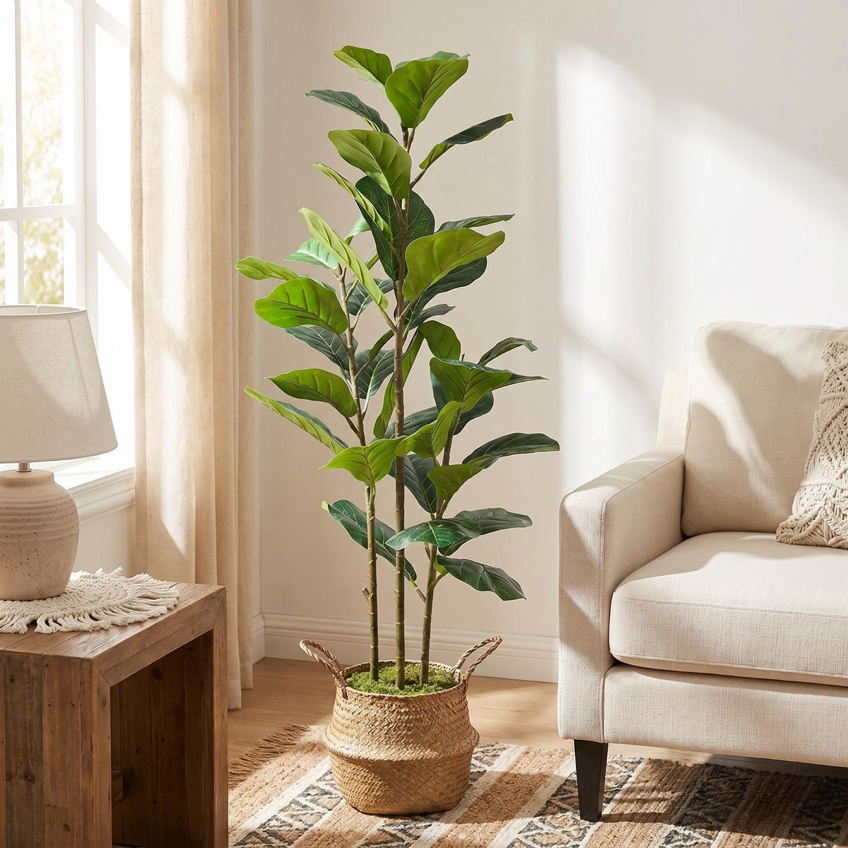 Artificial Fiddle Leaf Fig Tree by SHareconn in a white pot, realistic faux plant available in 4ft, 5ft, and 6ft heights.