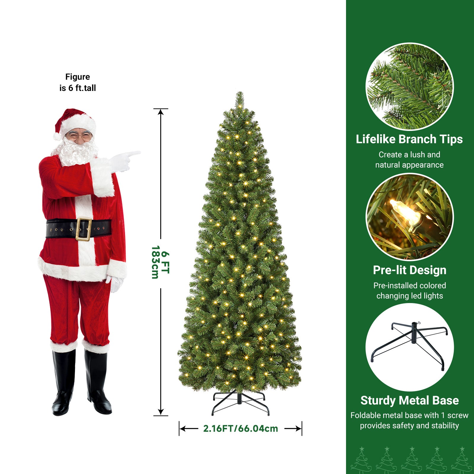 Warm White Lights Classic Spruce Artificial Slim Pencil Christmas Trees