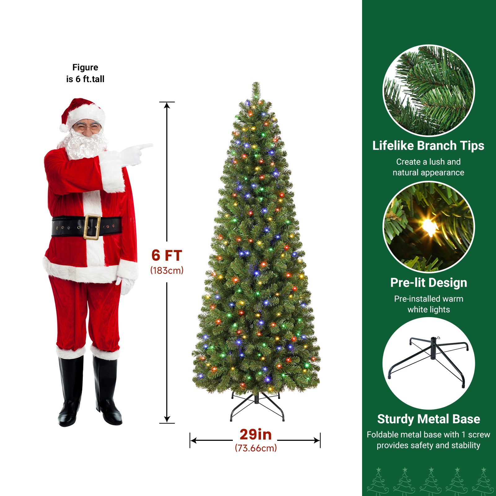 Pencil Spruce Artificial Christmas Tree with Multi-Color LED Lights and Remote