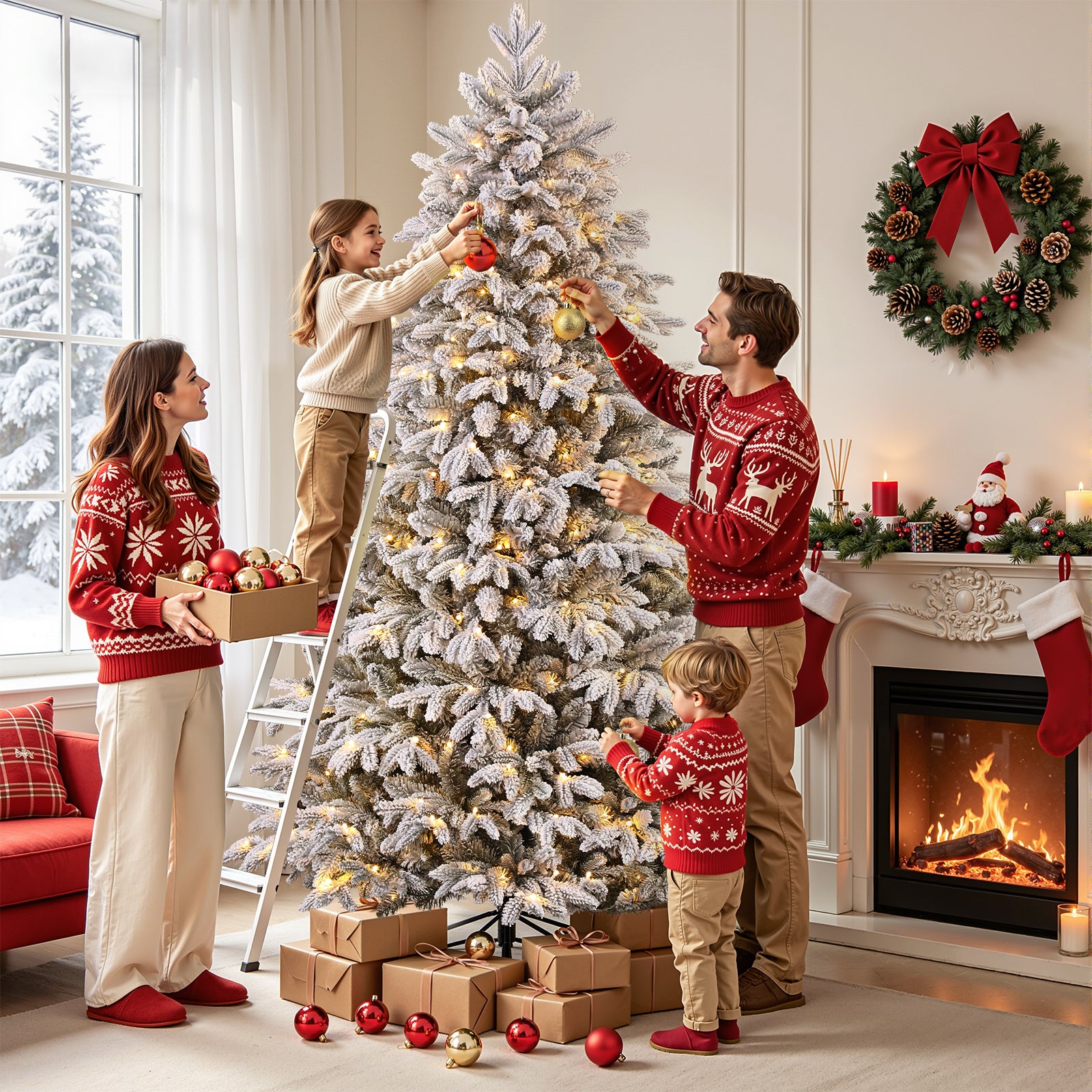 Realistic Pre-Lit Flocked Cedar Artificial Christmas Trees with 17 Modes Multi-Color Lights,5.5-7.5FT