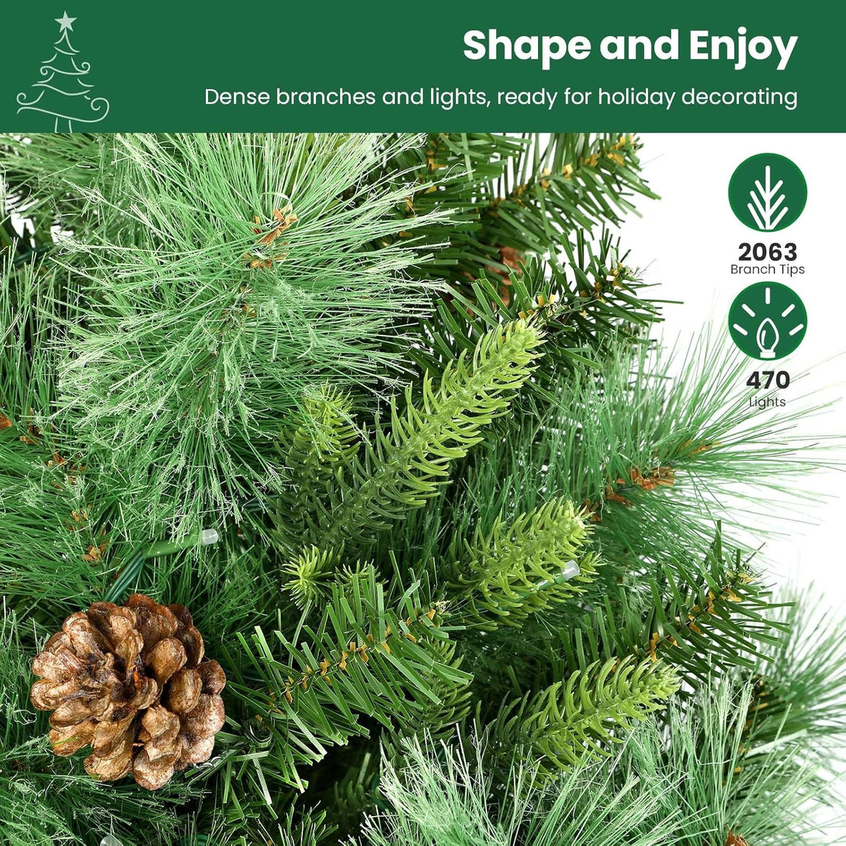 7.5ft SHareconn prelit Carolina Pine artificial Christmas tree with multicolor lights and remote control.