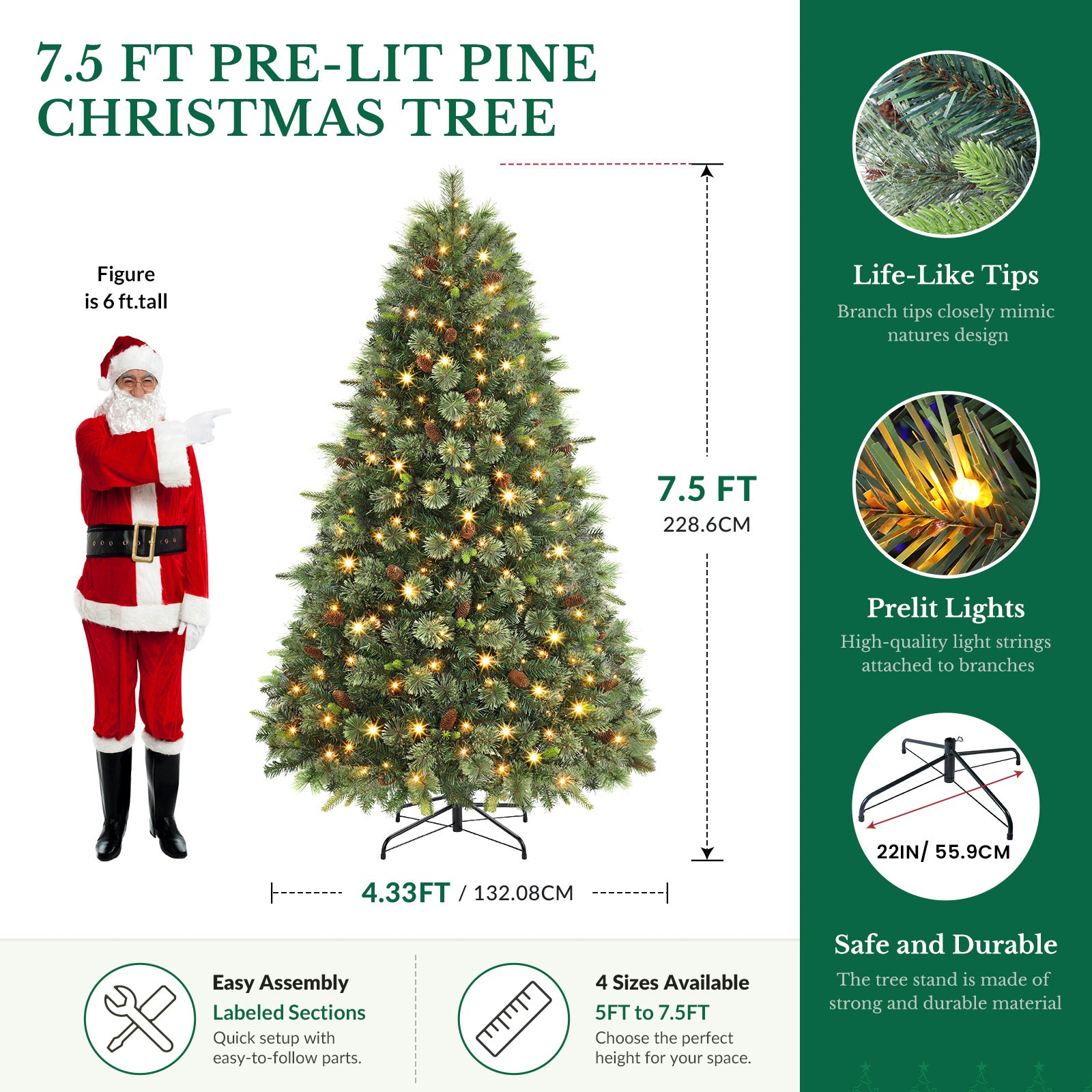 Pre-lit Carolina Pine Artificial Christmas Trees with 2 in 1 Multi-Color LED Lights and Remote
