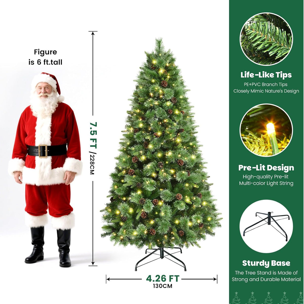 7.5ft SHareconn prelit Carolina Pine artificial Christmas tree with multicolor lights and remote control, decorated with ornaments.