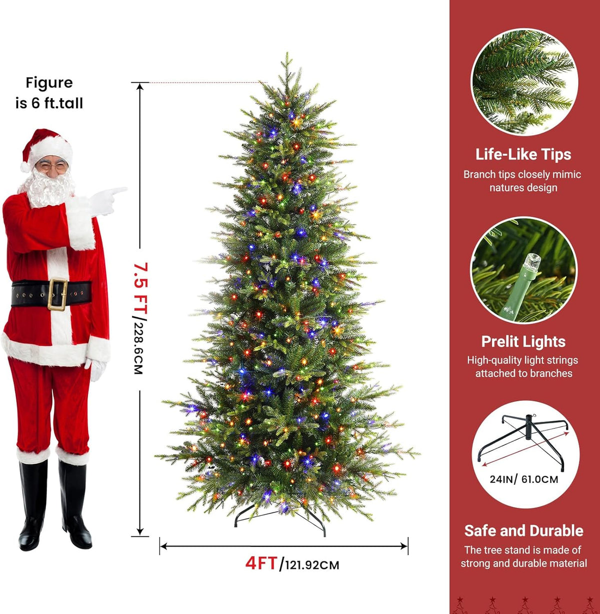 7.5ft Aspen Slim Noble Fir Christmas Tree with multi-color lights, decorated with vibrant ornaments and festive greenery.