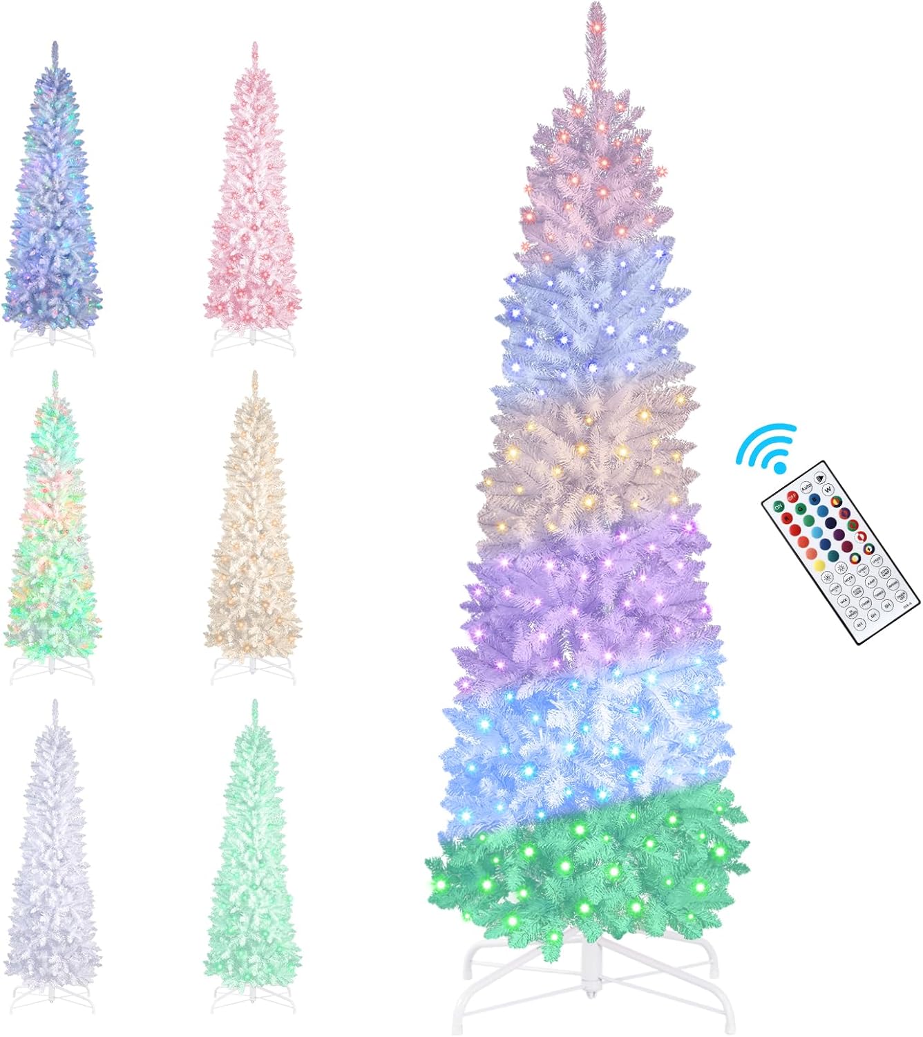 6ft Pre-lit RGB Lights White Artificial Slim Pencil Christmas Tree with Remote