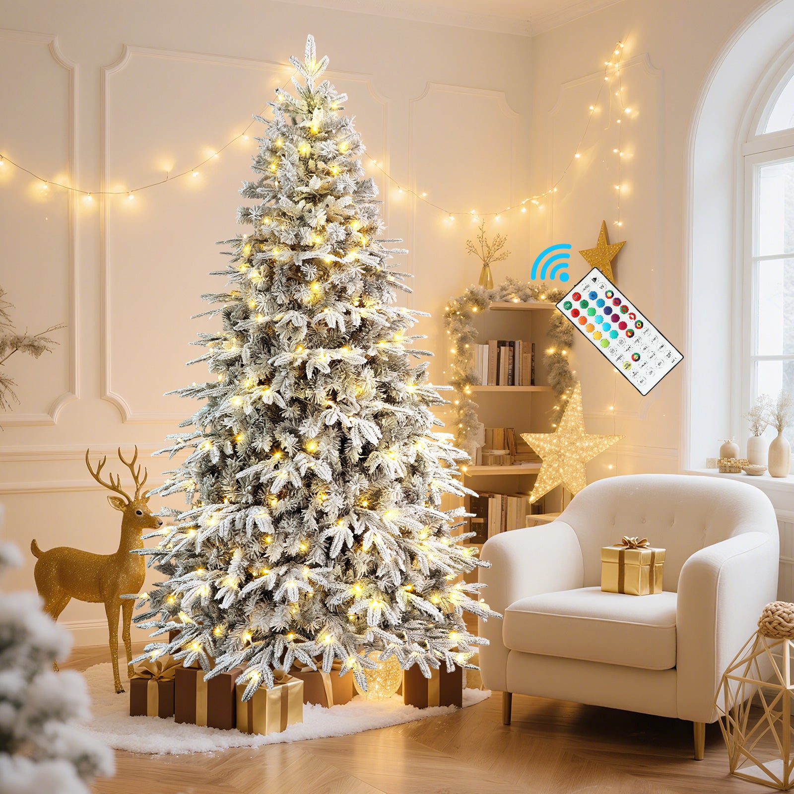 Flocked Aspen Layered Noble Fir Artificial Christmas Tree with RGB Lights-3 Size Available - SHareconn